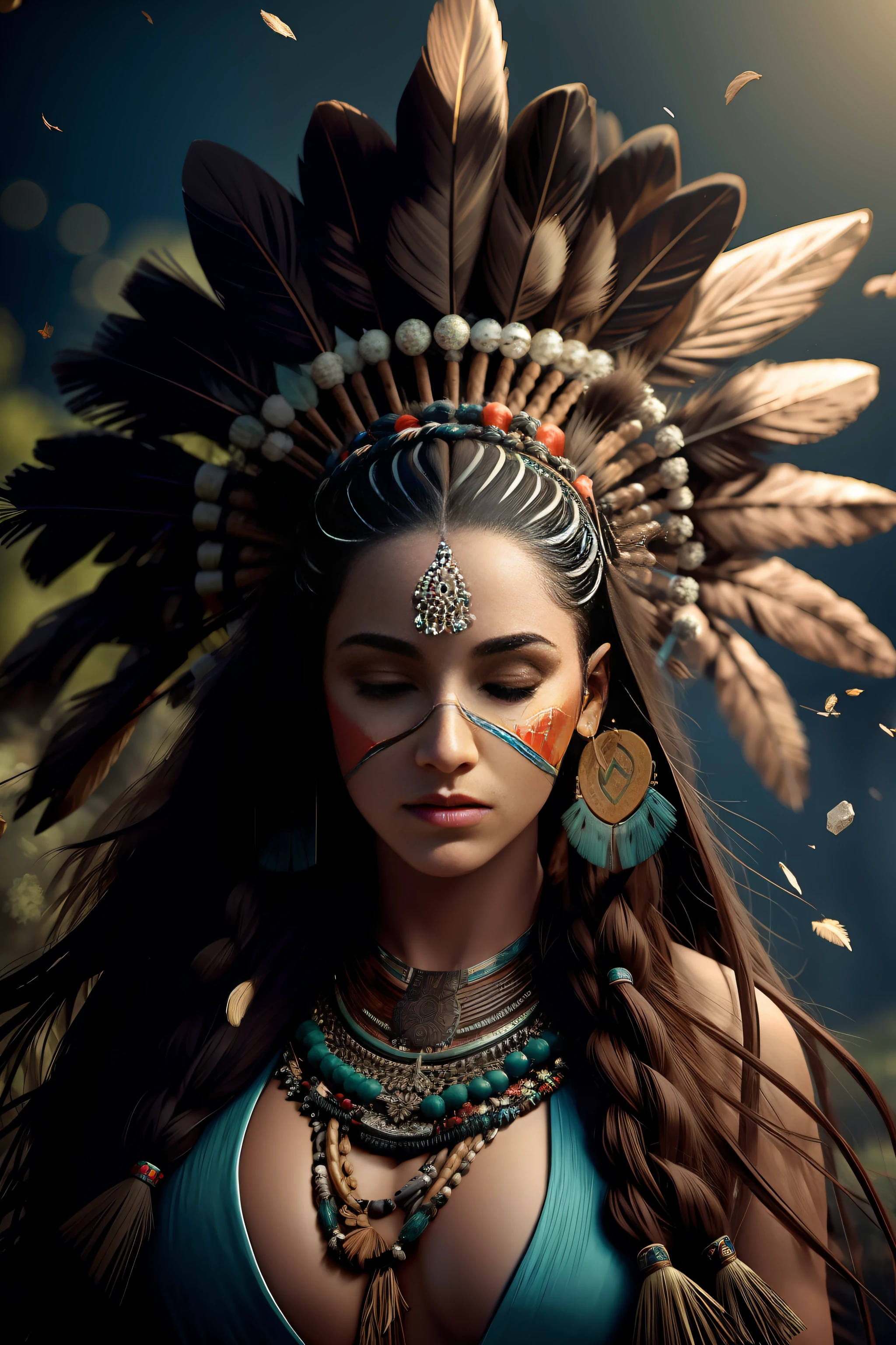 (full portrait), (half shot), solo, detailed background, detailed face, (stonepunkAI, stone theme:1.1), wise, (female), (native american), (beautiful hair, braids:0.2), shaman, septum piercing, mystical, (gorgeous face), stunning, head tilted upwards, (eyes closed, serene expression), calm, meditating, Seafoam Green frayed clothes, prayer beads, tribal jewelry, feathers in hair, headdress:0.33, jade, obsidian, detailed clothing, cleavage, realistic skin texture, (floating particles, water swirling, embers, ritual, whirlwind, wind:1.2), sharp focus, volumetric lighting, good highlights, good shading, subsurface scattering, intricate, highly detailed, ((cinematic)), dramatic, (highest quality, award winning, masterpiece:1.5), (photorealistic:1.5), (intricate symmetrical warpaint:0.5),