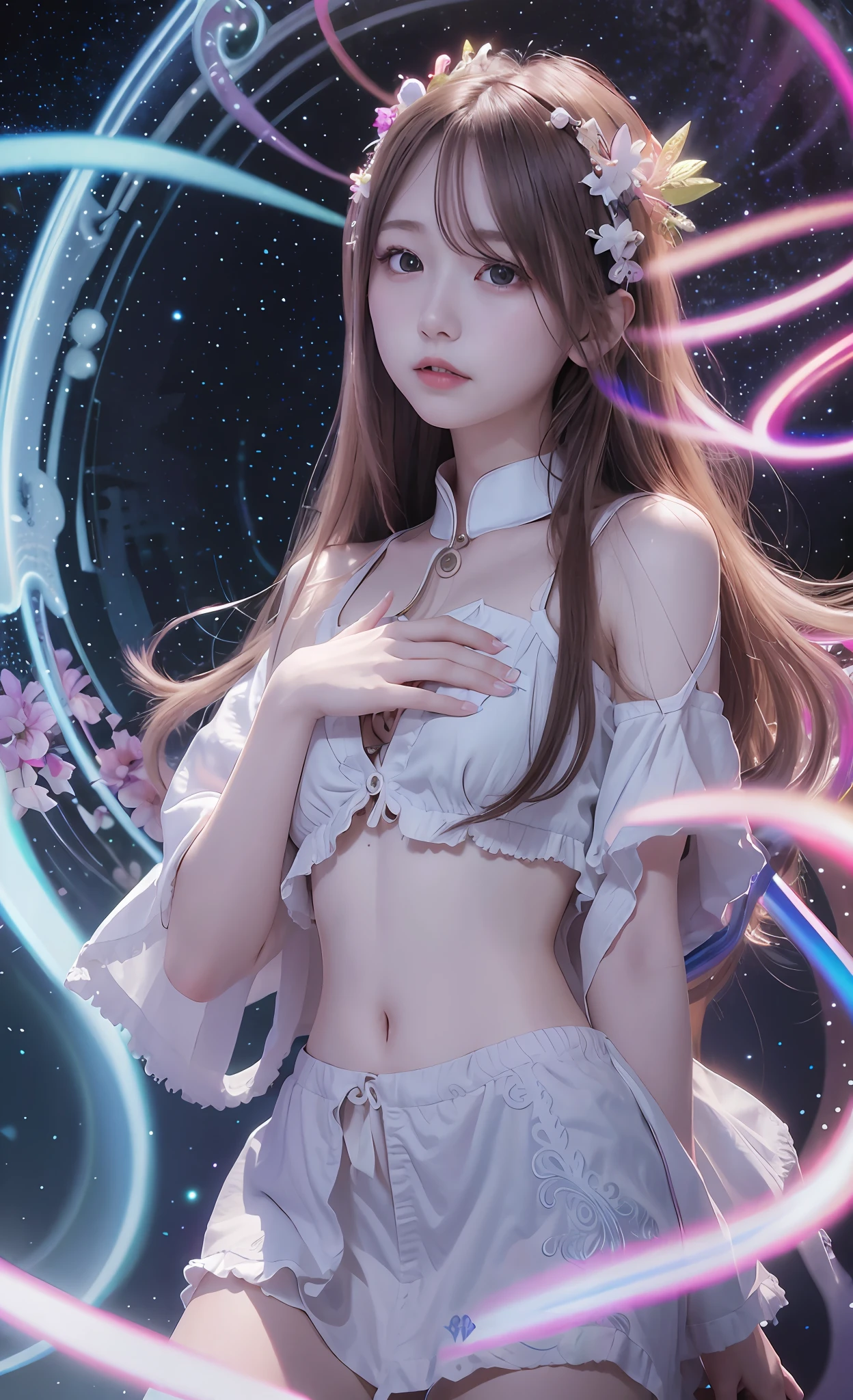Masterpiece, Best Quality, Girls, Slender, Rainbow Color Eyes, Hair Color, Iridescent, Long Hair Spreading, White Skin, Medium, Pretty, Sexy, Halo, Near Future, Bikini, Skin Exposed, Night, Psychedelic, Trip, Extreme Color, Paisley, Highly Colored, Mandala Theme, Open Legs, Eye Shadow, False Lashes, Blushing, Mechanical Left Arm, Smile, Full Body