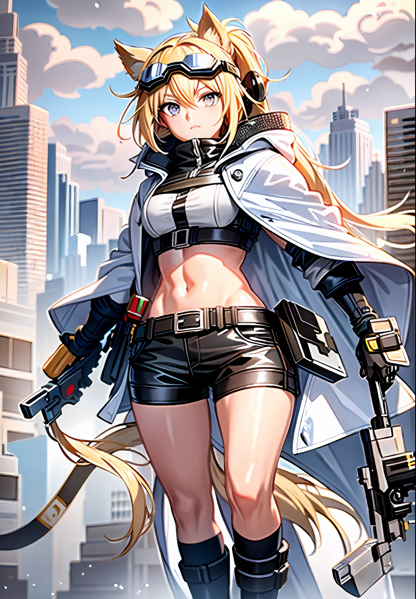 Noisy night city background, single full body standing painting, white translucent hooded trench coat, crop top, hot pants, long socks, windproof goggles, bright blonde eyes, blonde hair, high ponytail, gun master, horse girl, heroic and sassy royal sister, kind and friendly big sister next door, reliable mature woman, ark of tomorrow, best quality, best quality, high quality, high quality, detailed key anime art, best anime