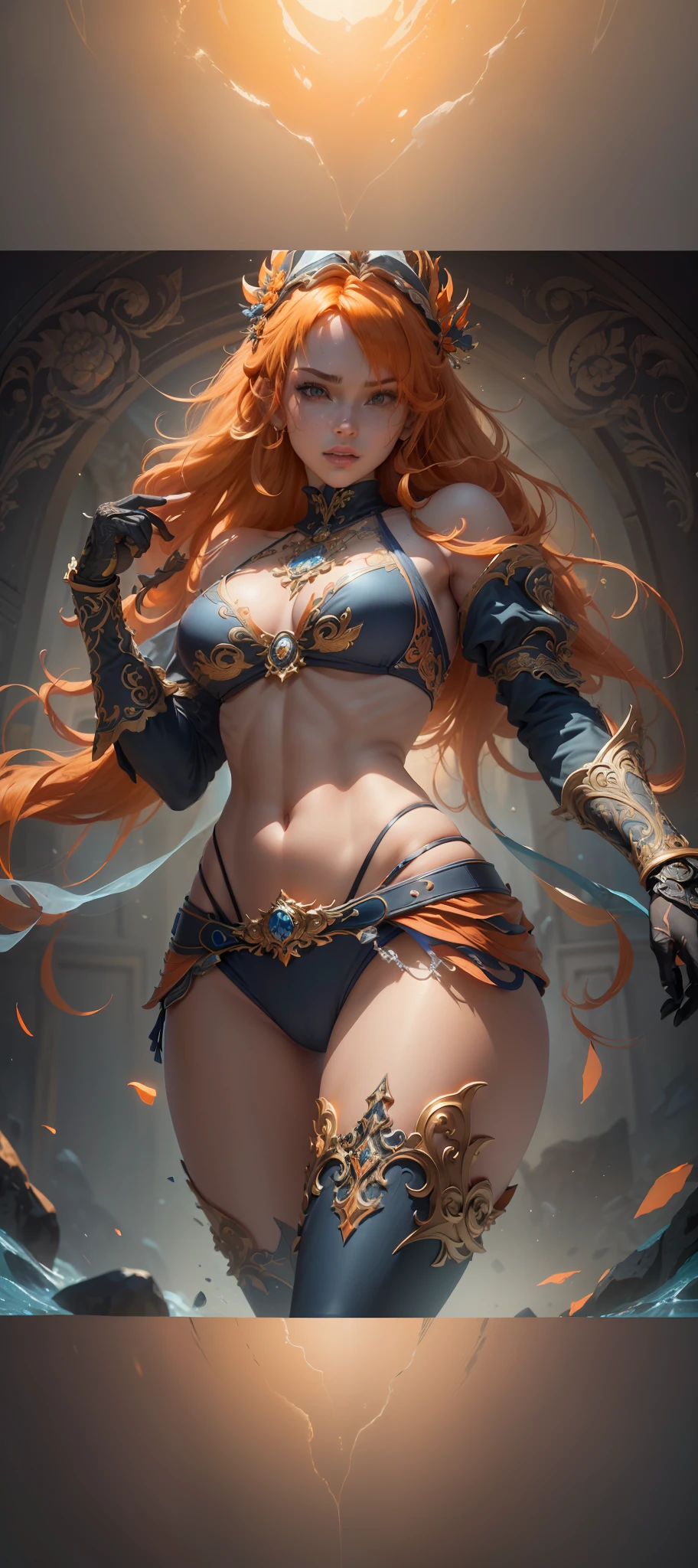 ((Best quality)), ((masterpiece)), (highly detailed:1.3),muskateer, ((blue bikini at the top)), jeans at the bottom, (((without marking the ribs))), ((((orange hair)))One Piece's character Nani. The details of his body are meticulously elaborated, reflecting beauty (beauty:1.2). The embellishments (ornate:1.4) that adorn your pants, ((with orange hair)), long hair, with a thin waist, demonstrating determination in your look, a balance of danger and beauty, HDR (High Dynamic Range), Ray Tracing, NVIDIA RTX, Super-Resolution, Unreal 5, Subsurface Scattering, PBR Texturing, Post-processing, Anisotropic filtering, Depth of field, Maximum clarity and sharpness, Multilayer textures, Albedo and specular maps, Surface shading, accurate simulation of light-material interaction, perfect proportions, Octane Render, two-tone lighting, low ISO, white balance, rule of thirds, wide aerature, 8K RAW, efficient sub-pixel, sub-pixel convolution, luminescent particles --auto --s2