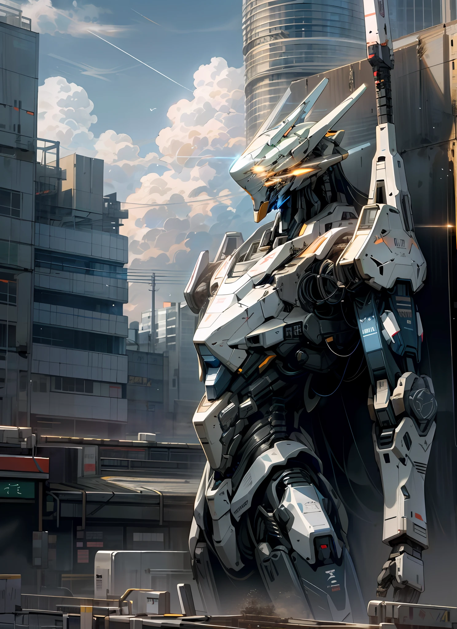 sky, cloud, holding_weapon, no_humans, glowing, , robot, building, glowing_eyes, mecha, science_fiction, city, realistic,mecha，sky, cloud, holding_weapon, no_humans, glowing, , robot, building, glowing_eyes, mecha, science_fiction, city, realistic,mecha