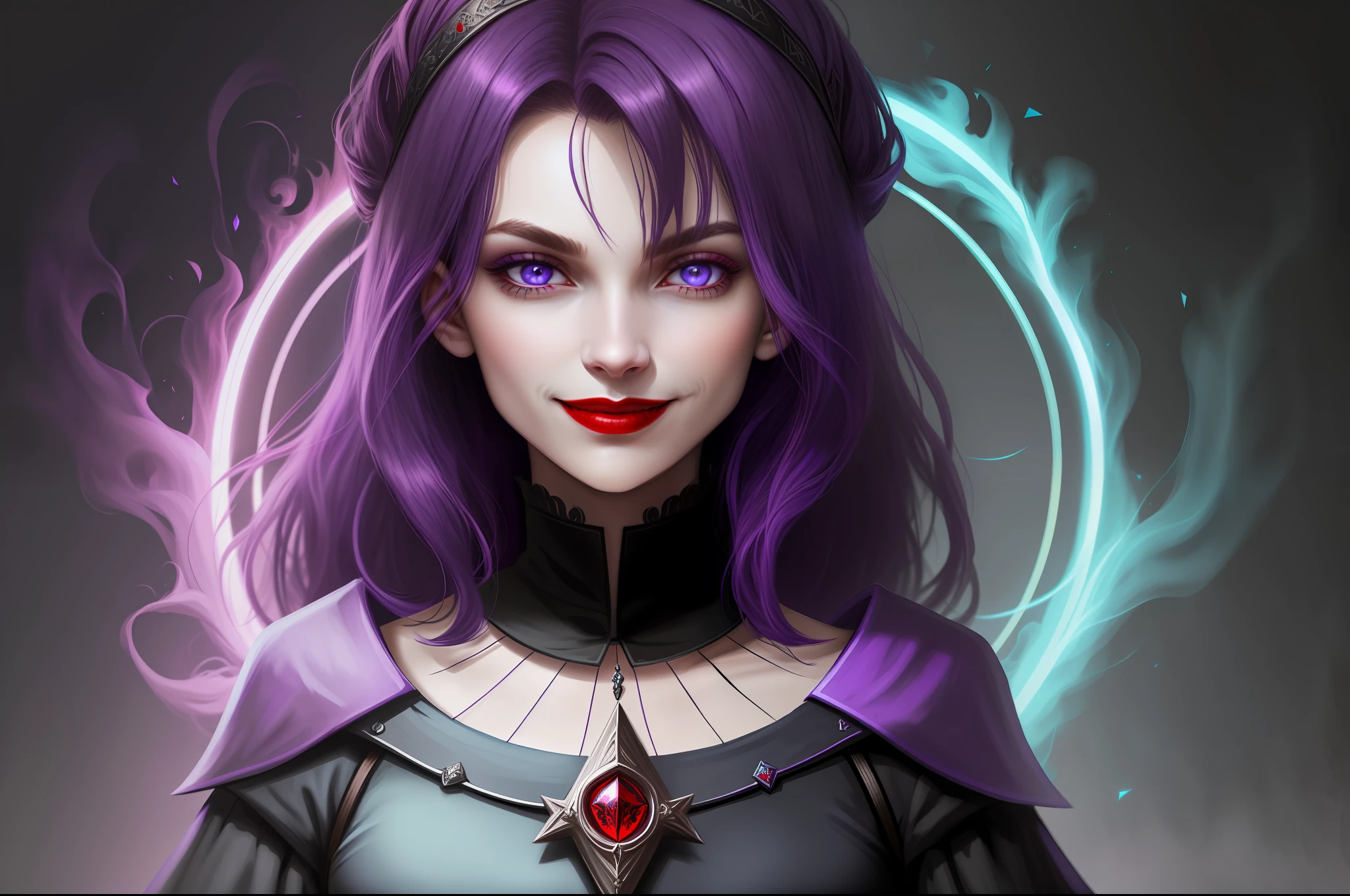 Portrait of adult medieval necromancer magician: short dark purple straight hair without bangs with smile, red lipstick with light blue eyes and round face