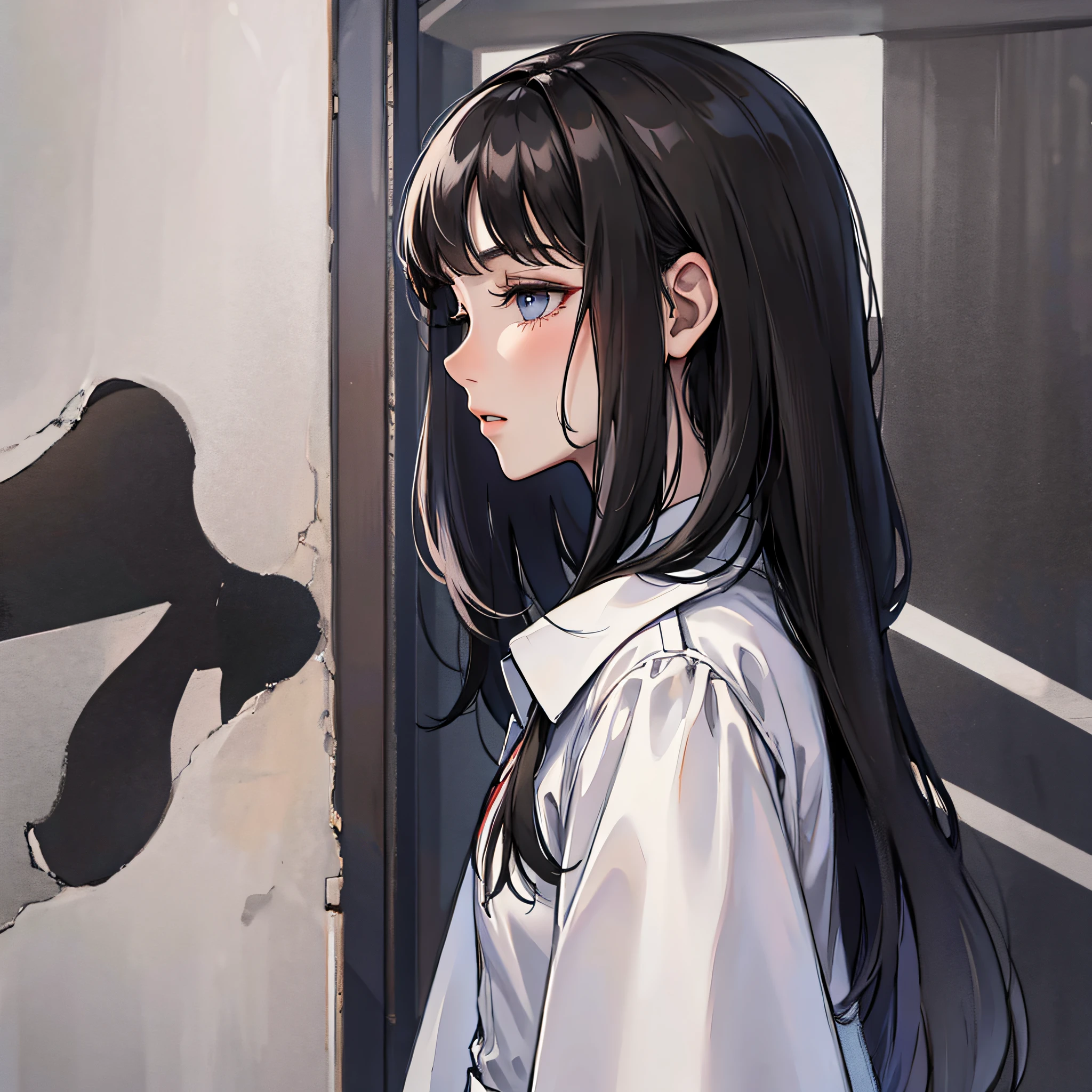1 woman, white skirt, long black hair, side face, background is the community