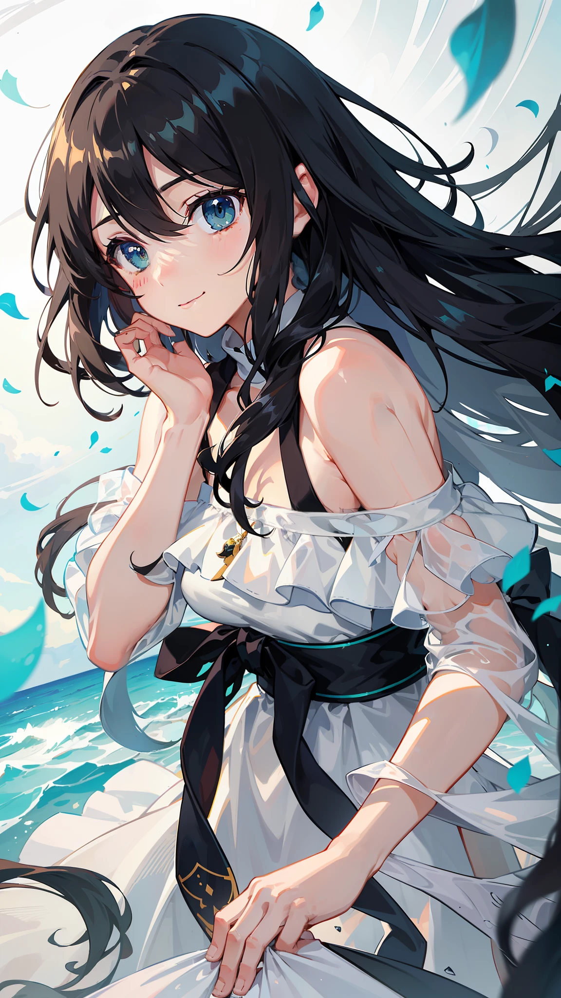 Two-dimensional, a girl, girl, black hair, hair between the eyes, long hair, scattered, hair blown up by the wind, green eyes, deep eyes, big watery eyes, simple pure white long dress, smile, gentle, sister fan, sister