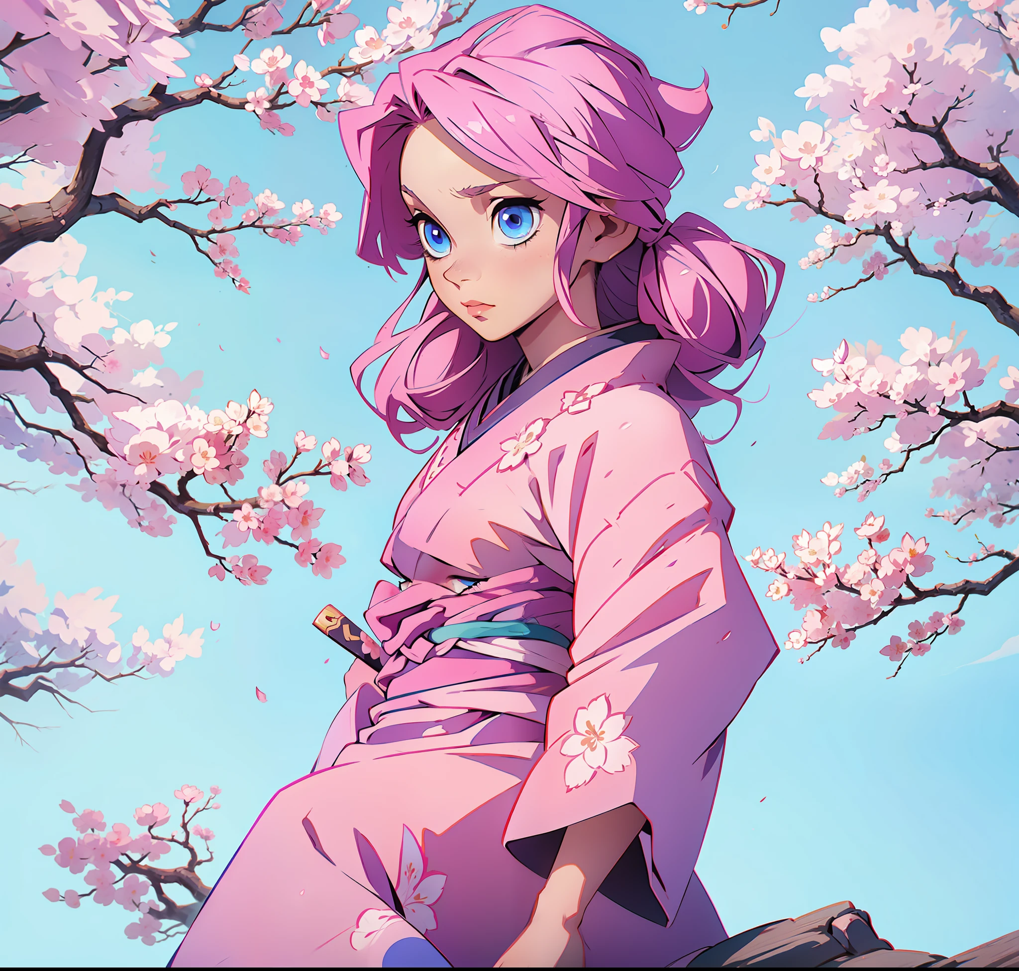 1girl, pink hair, blue eyes, kimono, sakura blossom, sword, demon slayer, cute, sword