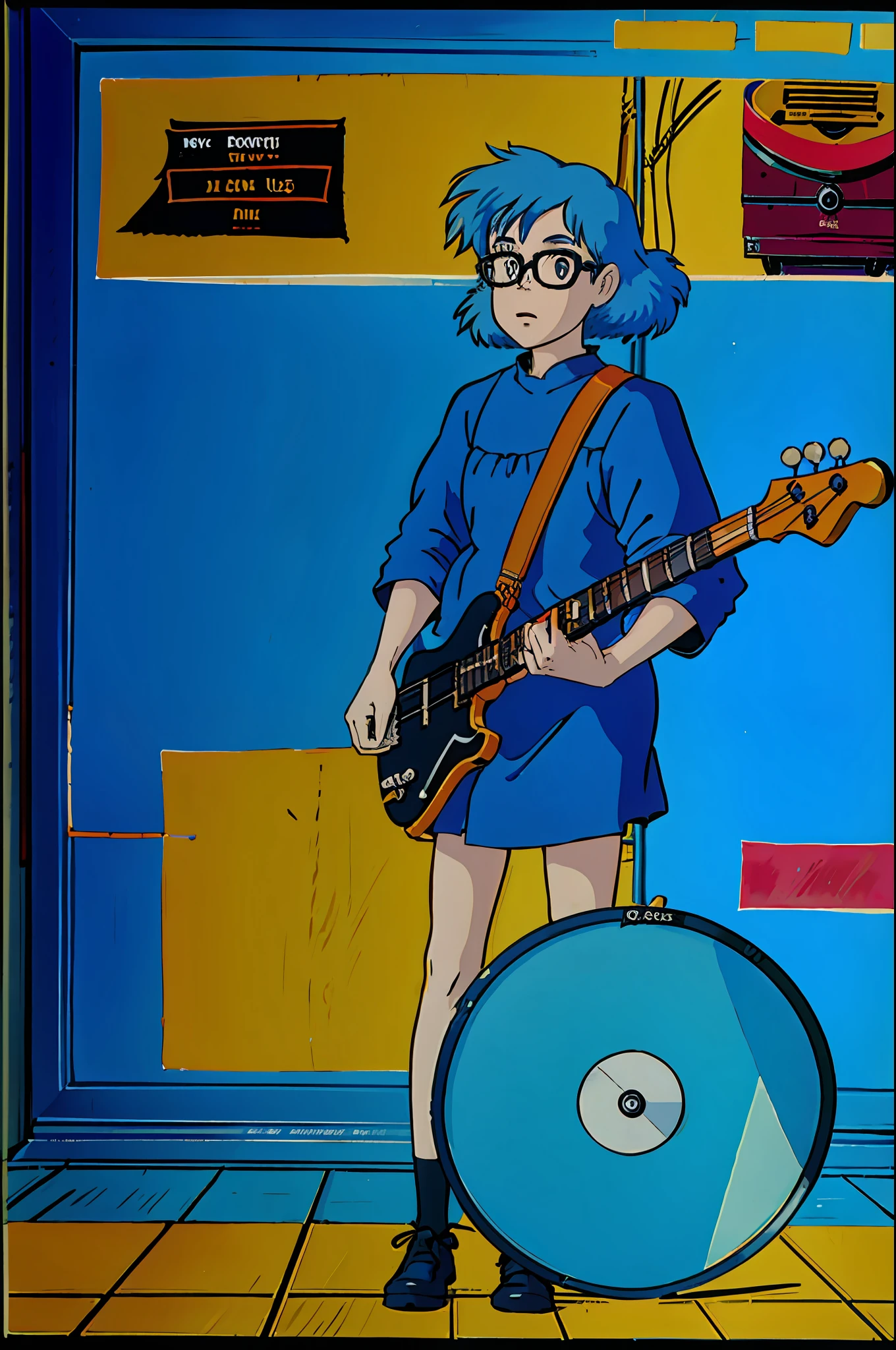 Ghibli style, masterpiece, best quality, band bassist, bass playing, music, 1girl, blue hair, hair over eyes, over edge glasses, shy, full body, band girl, bass, tattoo, negative space, masterpiece, high detail, best quality