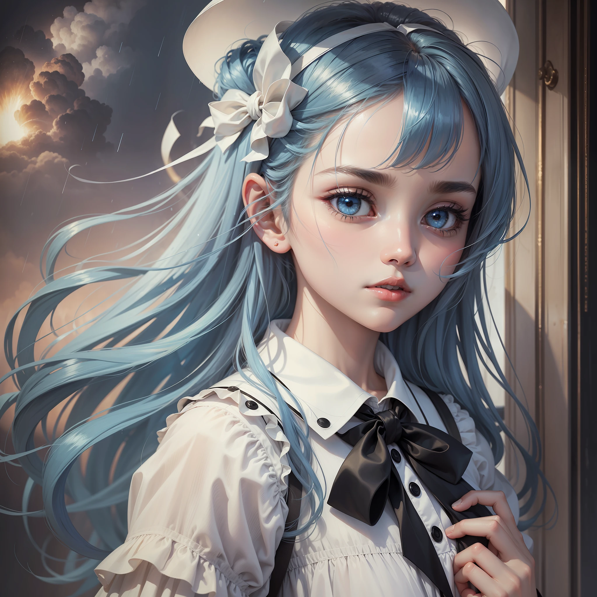 Masterpiece, Superb Painting, Illustration, {Beautiful and Delicate Girl}, Beautiful Halo, Atmosphere of War, Background of Nuclear Explosion, In the Rain, Detail Lighting, Detail Flow, Beautiful Eyes, Expressionless, Court Atmosphere, Blue Hair, Radiance, Long Bangs, Eyebrows, White-gray Dress, Black Ribbon, White Bow Tie, Upper Body Nudity, Large Forehead, Dumb, Flowers, Long-sleeved Clothing. --auto --s2