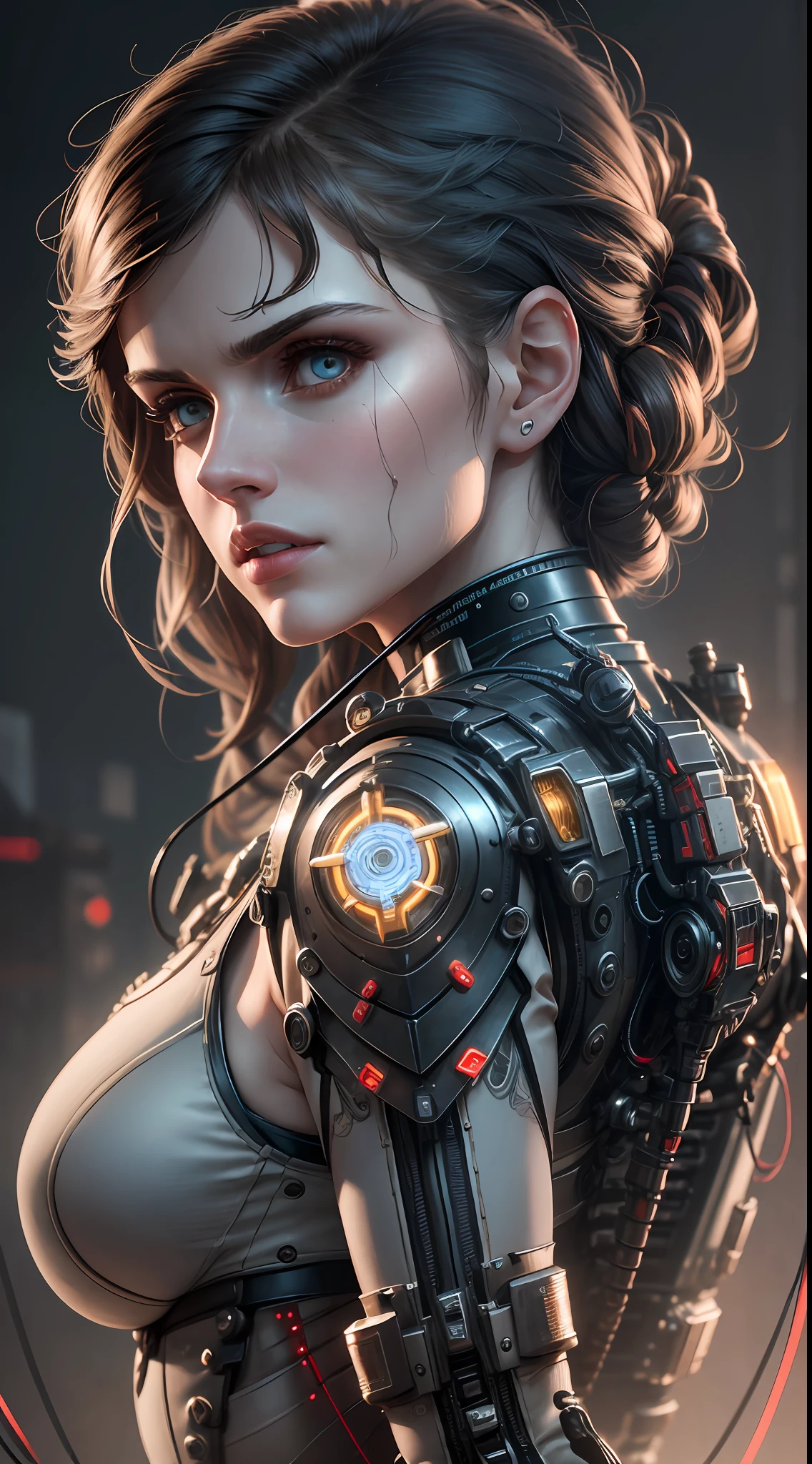 ((Alexandra Daddario)), 1mechanical girl,((ultra realistic details)), portrait, full shot, global illumination, shadows, octane render, 8k, ultra sharp,metal,intricate, ornaments detailed, cold colors, egypician detail, highly intricate details, realistic light, trending on cg society, glowing eyes, facing camera, neon details, mechanical limbs,blood vessels connected to tubes,mechanical vertebra attaching to back,mechanical cervial attaching to neck,sitting,wires and cables connecting to head --auto --s2