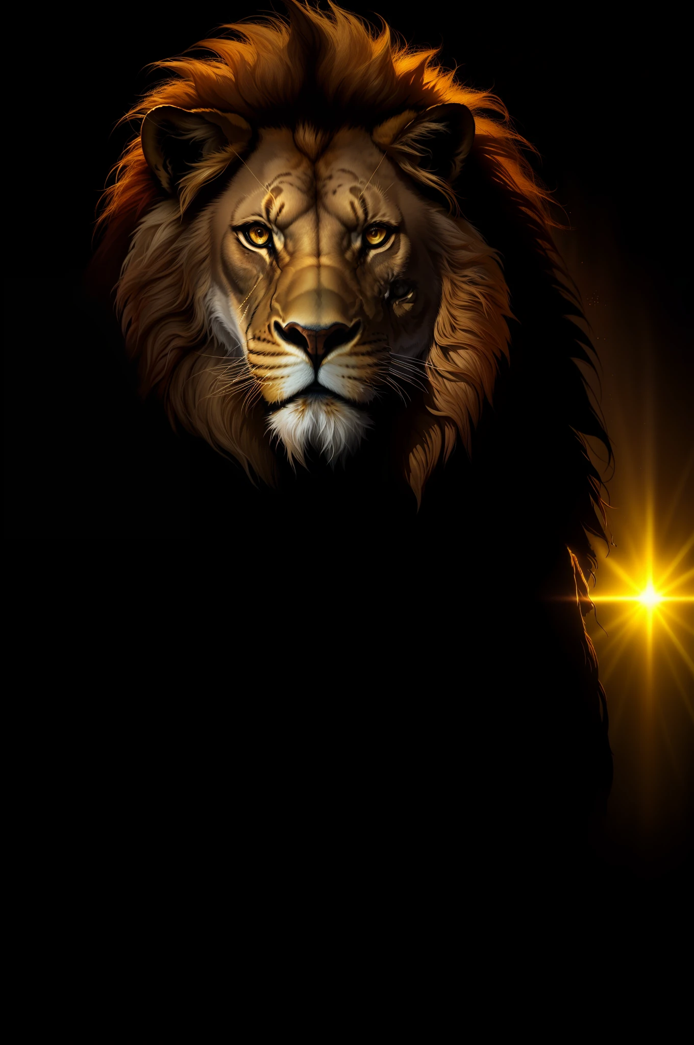 "Notice a majestic backlit lion, with a dark background accentuating its dark theme. The dazzling golden light illuminates the image, making the lion's golden hair the focal point."