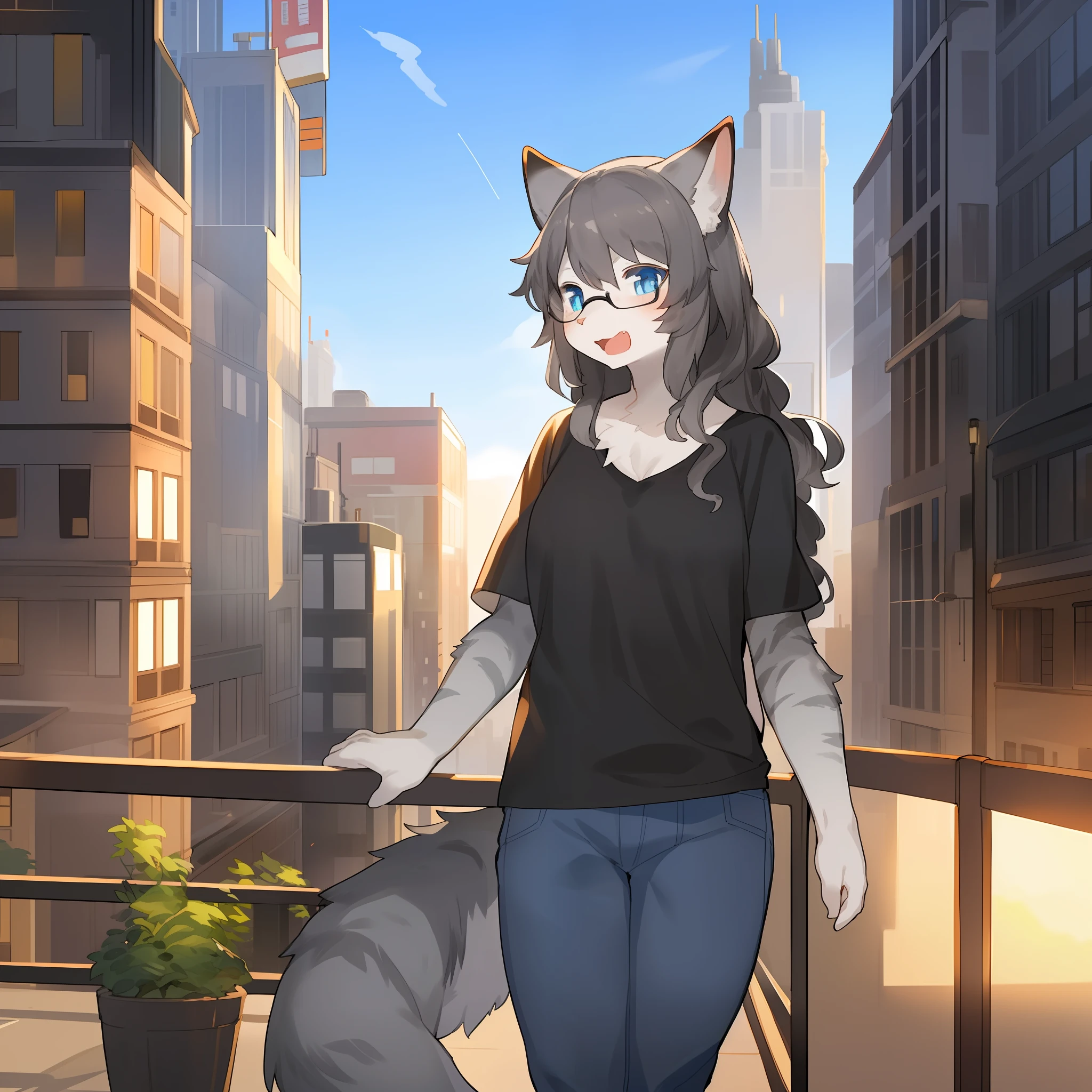 Perfectly detailed hands, solo, female, hair, (((detailed eyes))), city, golden hour, plants, (by bebebebebe), by buta99, by pgm300, ((by kishibe)), by suurin 2, by sindoll, (((dark grey hair))), (((wavy hair))), stripes, (((grey fur))), (((grey body))), tabby, feline, glasses, tee shirt, (((blue eyes))), open mouth, facing camera, standing, jeans, ((snout))