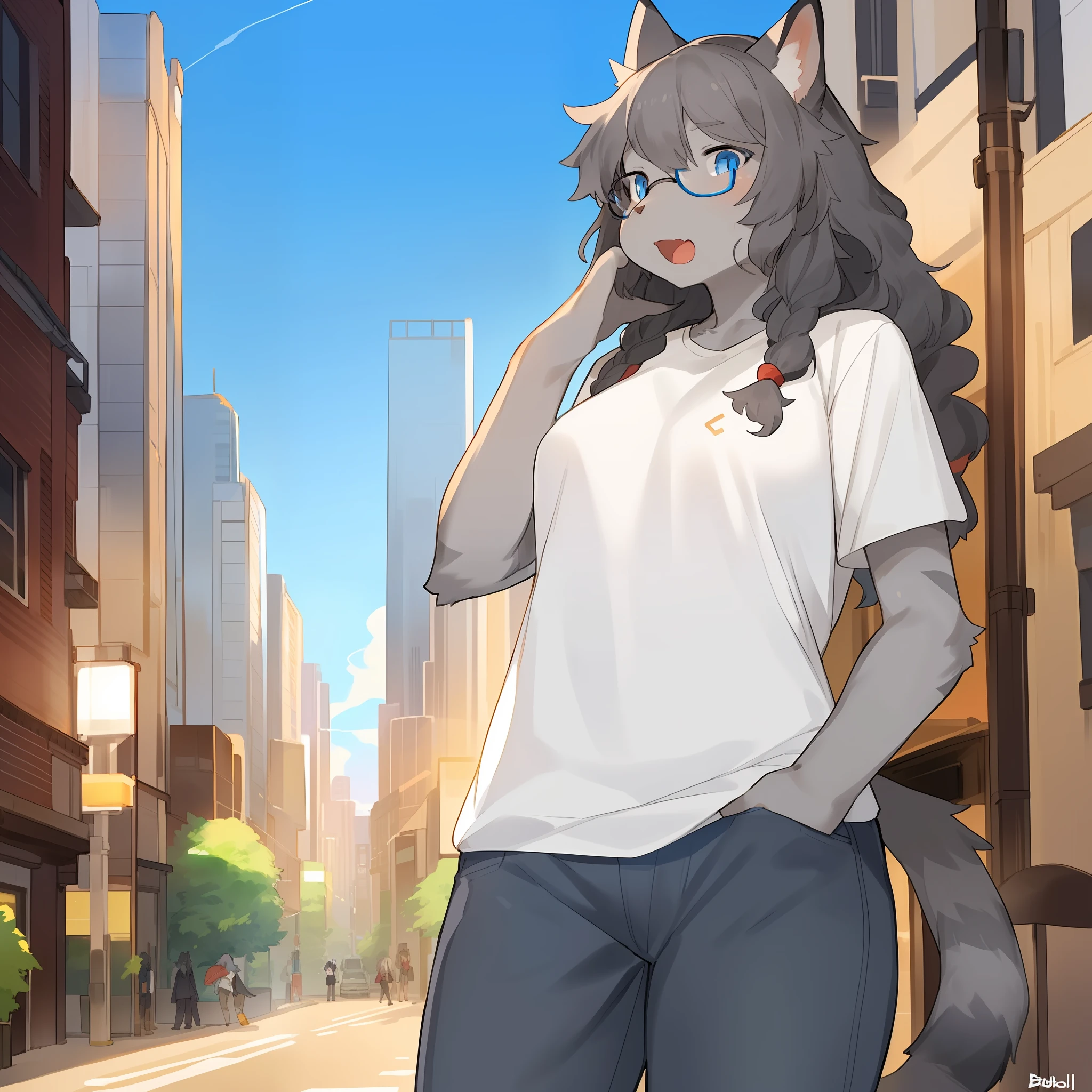 Perfectly detailed hands, solo, female, hair, (((detailed eyes))), city, golden hour, plants, (by bebebebebe), by buta99, by pgm300, ((by kishibe)), by suurin 2, by sindoll, (((dark grey hair))), (((wavy hair))), stripes, (((grey fur))), (((grey body))), tabby, feline, glasses, tee shirt, (((blue eyes))), open mouth, facing camera, standing, jeans, ((snout))