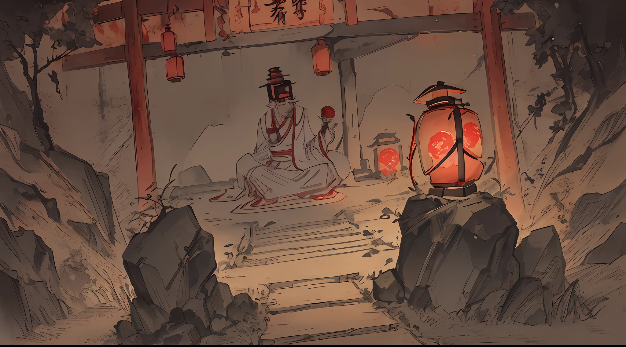 ((Rich in Detail)), Highest Quality, Disgusting Breath, Red Lantern Lit Mass Grave Background, Great Temple Monks (Ambient Light Effects + Filter: 0.8).