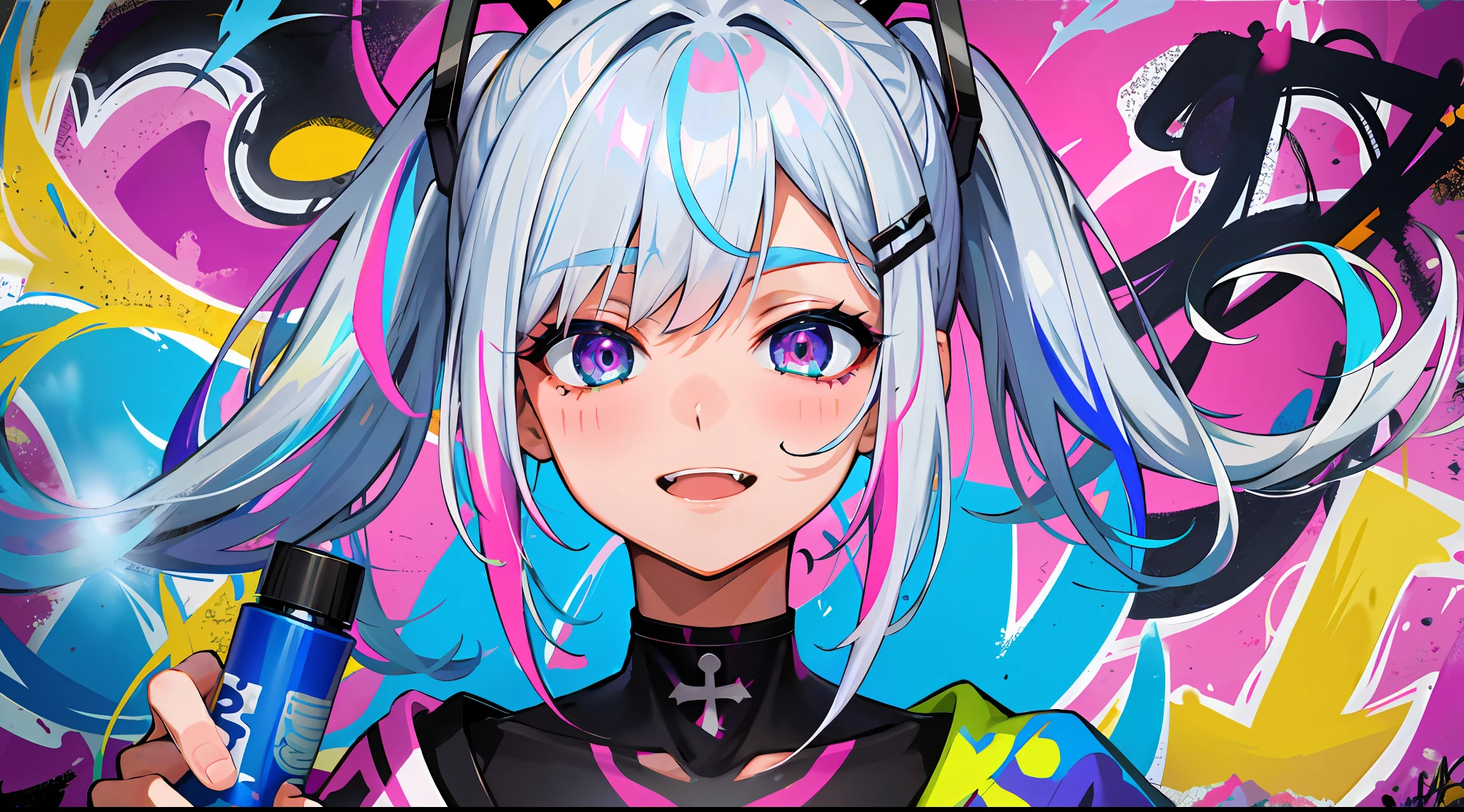 masterpiece, high quality, highres, absurdres, ultra-detailed, 8k, 1girl, medium breasts, platinum grey hair, blue hair, multicolored hair, gradient hair, open mouth, fang, looking at viewer, (holding spray paint can), oversized clothes, colorful eyes, (messy painted body:1.05), (graffiti murals wall background:1.15), seductive smile, brilliant colorful paintings, bloom, portrait, cross hair ornament