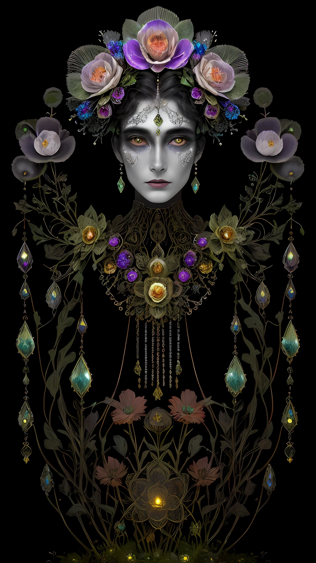 "Rosen maiden, (masterpiece, best quality), (illustration), strange fungal disease dense forest, transparent sticky substance, caustics, crystals, close-up, intricate details, dark background, sparkling spores, rainbow crystals, darkness", made of metal, cyborg: 1.1, [detailed wire]: 1.3, (complex details), HDR, (complex details, hyperdetailed: 1.2),