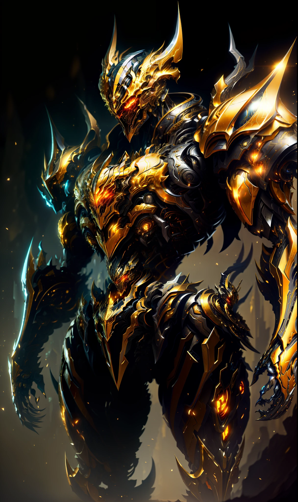 (masterpiece:1.2), best quality, high resolution, unity 8k wallpaper, (illustration:1.0), beautiful detailed, extremely detailed, perfect lighting, extremely detailed CG,glowing eyes,
Heavy Mech,skeleton armor,(golden black),full_armor,warframe,horns, fake horns, red eyes, global ray tracing,
looking at the viewer,solo,perspective,