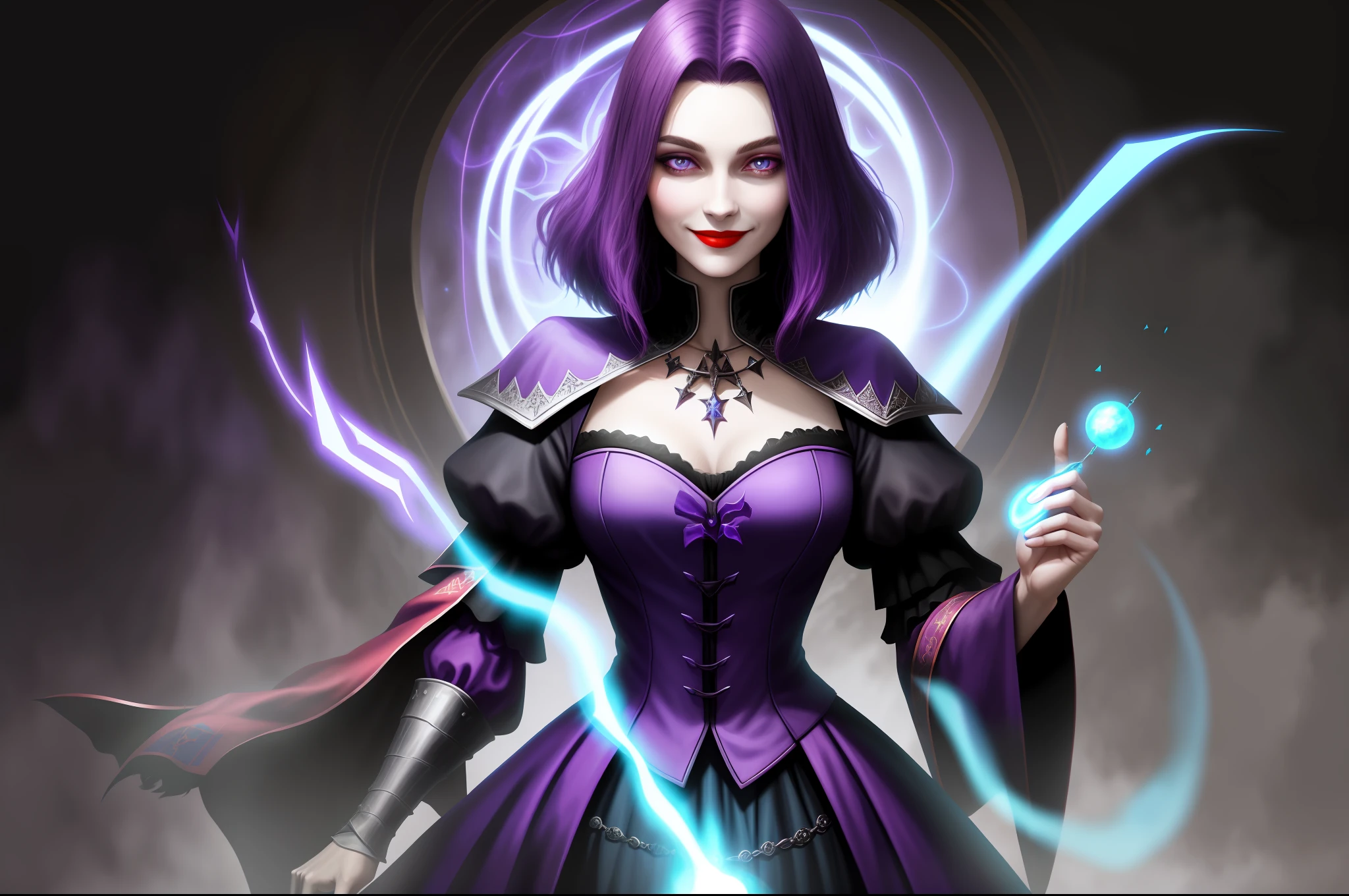 Portrait of adult medieval necromancer magician: short dark purple straight hair without bangs with smile, red lipstick with light blue eyes and round face