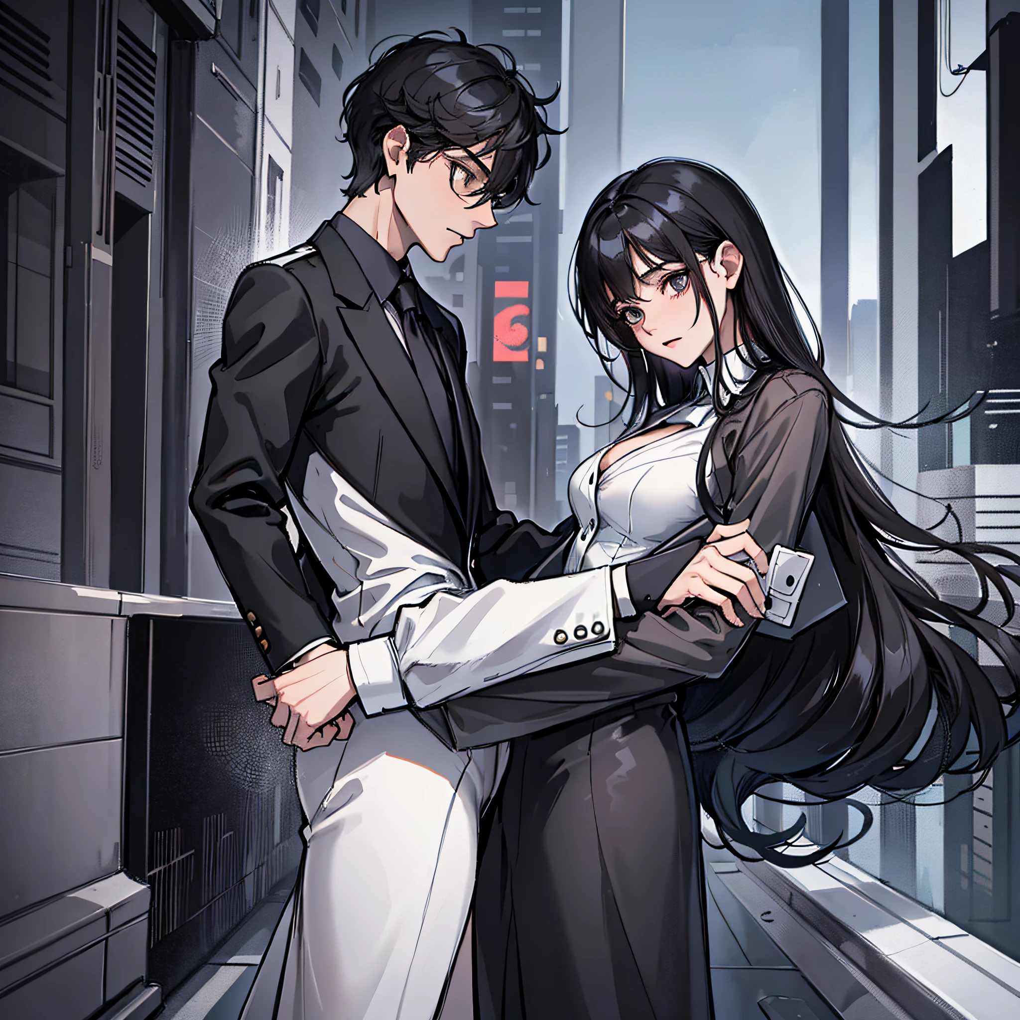 A man in a black suit (side-split, cold company) holds a woman who is about to fall (long black hair, white clothes, leaning body)