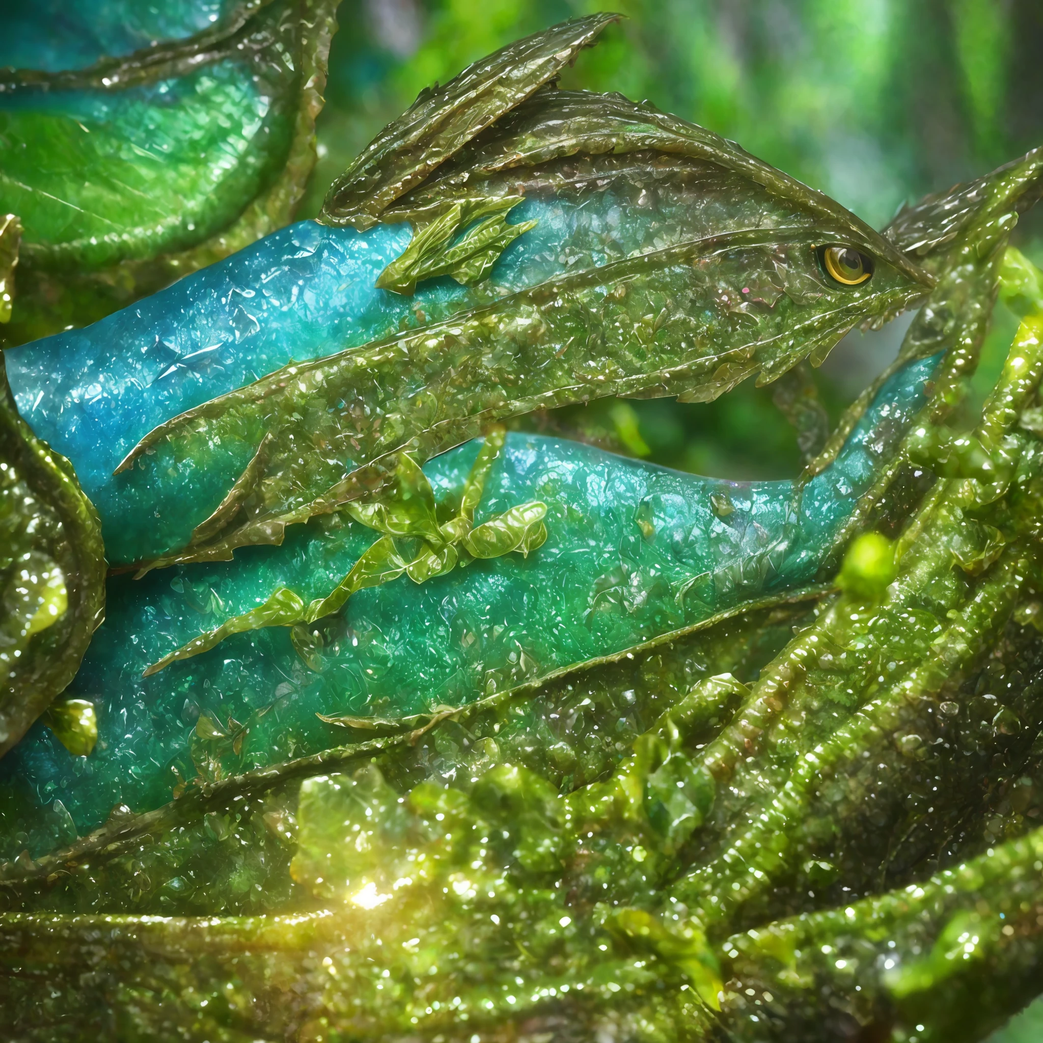 Leathery slippery creature with four wings. Wings transparent, large eyes, long narrow muzzle, with a long thin tongue. Slim, green-blue, hiding in the leaves in a lush forest,(highly detailed:1.2),(best quality:1.2),8k,sharp focus,(subsurface scattering:1.1),(award-winning macro photography:1.1) (cute:1.2),Leathery slippery creature with four wings. (very detailed clothes:1.2), (highly detailed background:1.3), chibi, (hyperrealistic:1.2), cinematic lighting, highly detailed,smooth, sharp focus,[(emb-rrf2:1.0):.15]