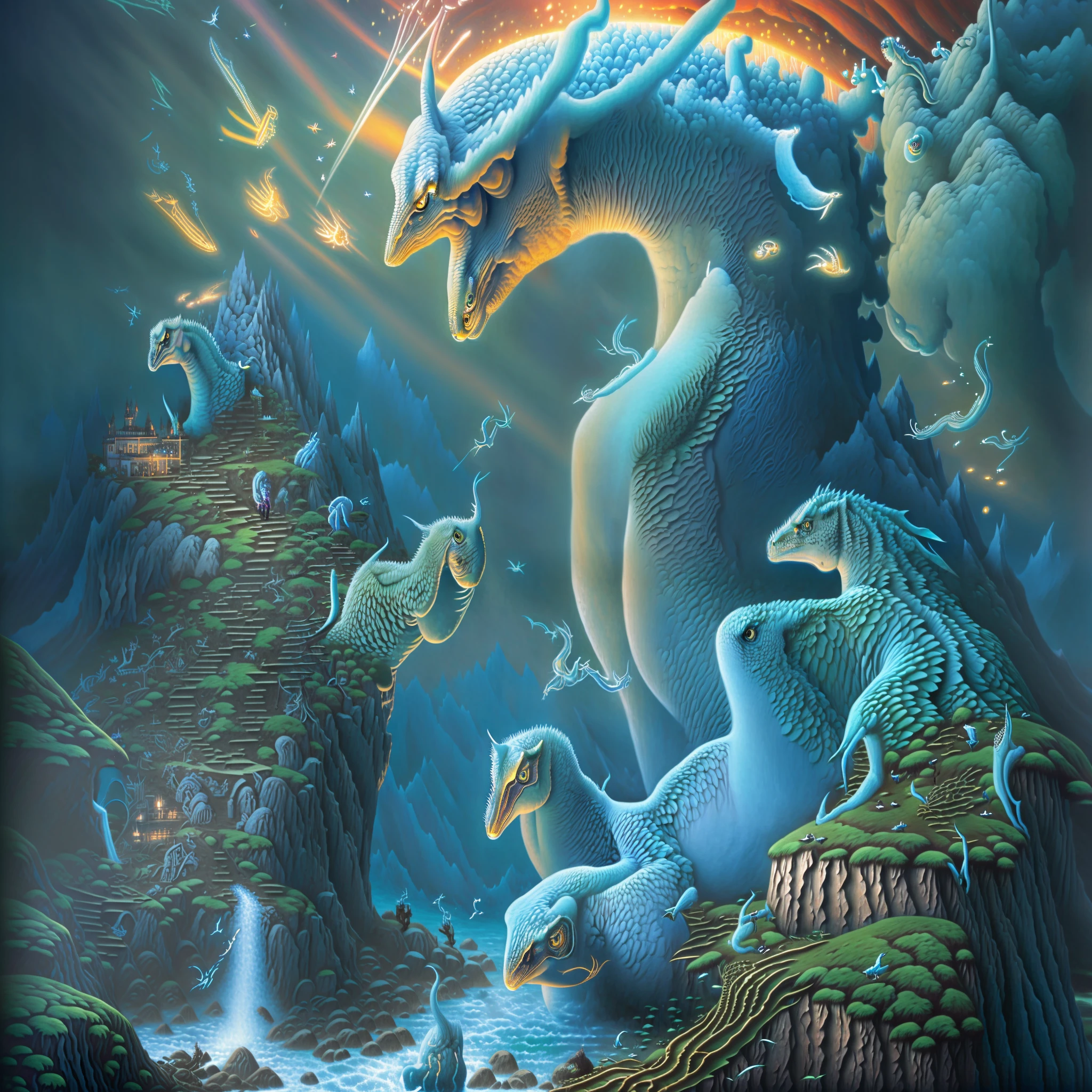Subject Description: A group of gamers wearing virtual reality headsets and holding gaming controllers are immersed in the "Fantasy Area" of Wander Games. The gamers are exploring surreal universes filled with magical landscapes, mythical creatures, and breathtaking architecture. Some gamers are battling fierce dragons, while others are solving puzzles in enchanted forests.
Type of Image: Photorealistic digital illustration.
Art Styles: Realism, Fantasy, Surrealism.
Art Inspirations: Art Station's fantasy illustrations, works by renowned fantasy illustrators like John Howe and Alan Lee.
Camera: Steady-cam.
Shot: Medium shot.
Render Related Information: High-resolution (4K) image with highly detailed textures and realistic lighting. Volumetric light beams through the virtual reality headsets, adding to the immersive atmosphere.