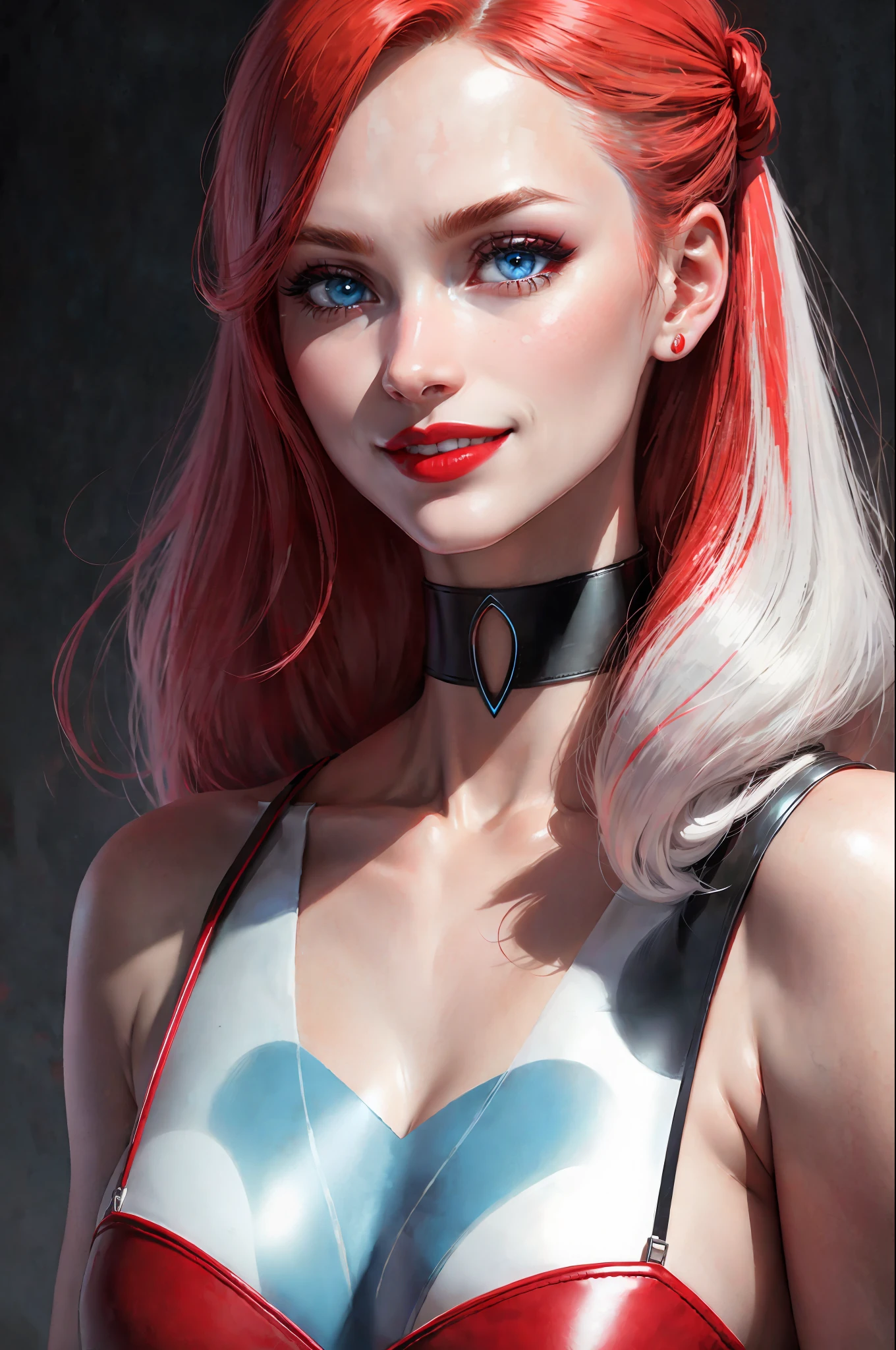 with smile red lipstick. and with light blue eyes.choker , ultra realistic, 4k, extremely detailed
