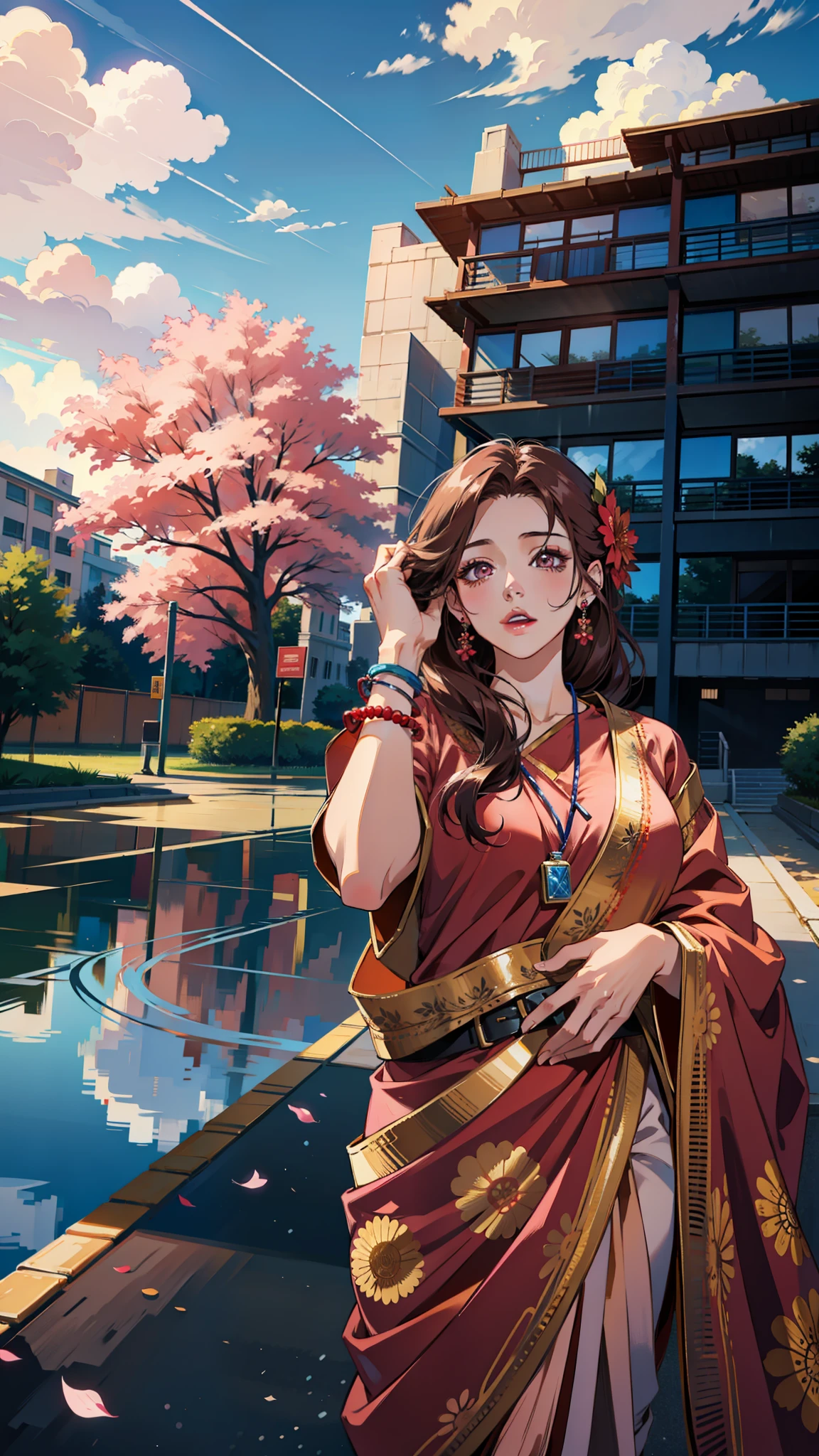 (masterpiece),(best quality:1.0), (ultra highres:1.0), detailed illustration, 8k, anime, 1girl, beautiful anime girl, in a sari, wearing a pink sari, pretty pose, pretty face, detailed face, beautiful eyes, detailed eyes, red lips, red lipstick, slightly brown hair, pink flower on ear, highlights in hair, standing, red flowers on a tree in the back, open sky with clouds, detailed, intricate, anime style, highly detailed