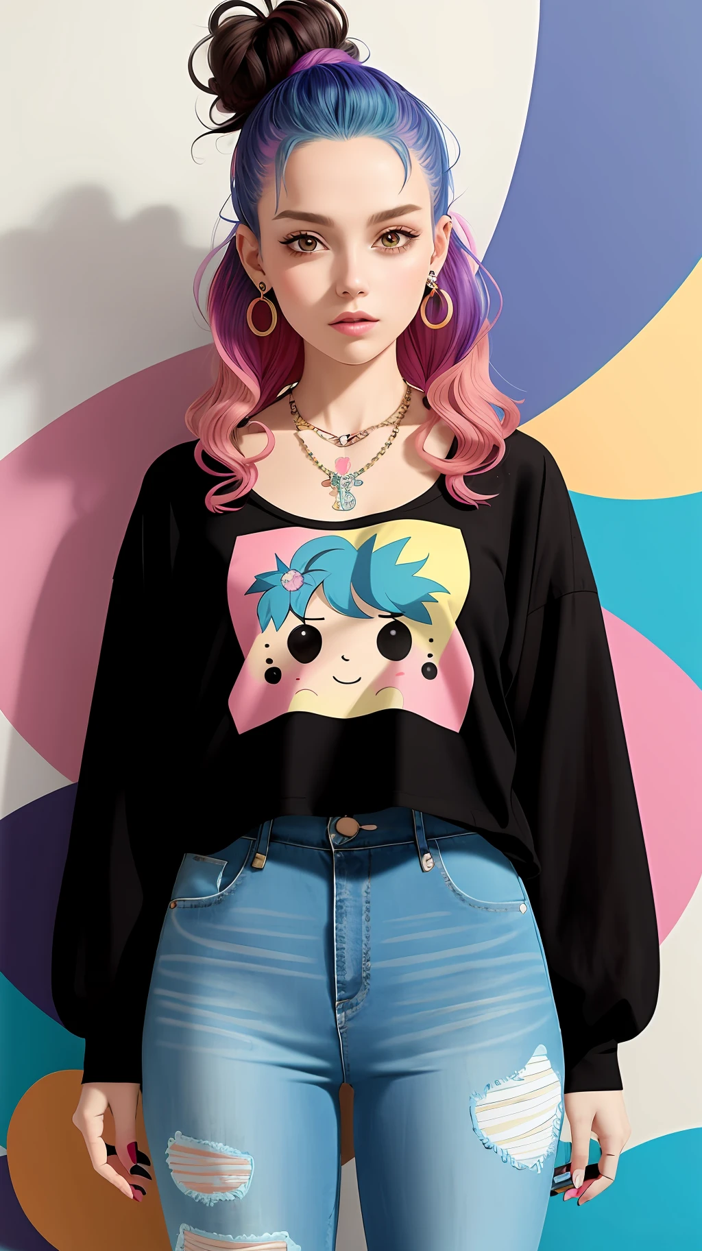 illustration, cartoon, soft tones, calm colors, (anime), (illustration), cartoon, detailed, (masterpiece: 1.2, best quality), girl, solo Clothing: High waist jeans, colorful printed t-shirt, Accessories Layered necklaces, striking earrings, Loose curly hair or messy bun, Confident, bold, unapologetic behavior, Location: wall background with colorful arts, gorgeous graffiti