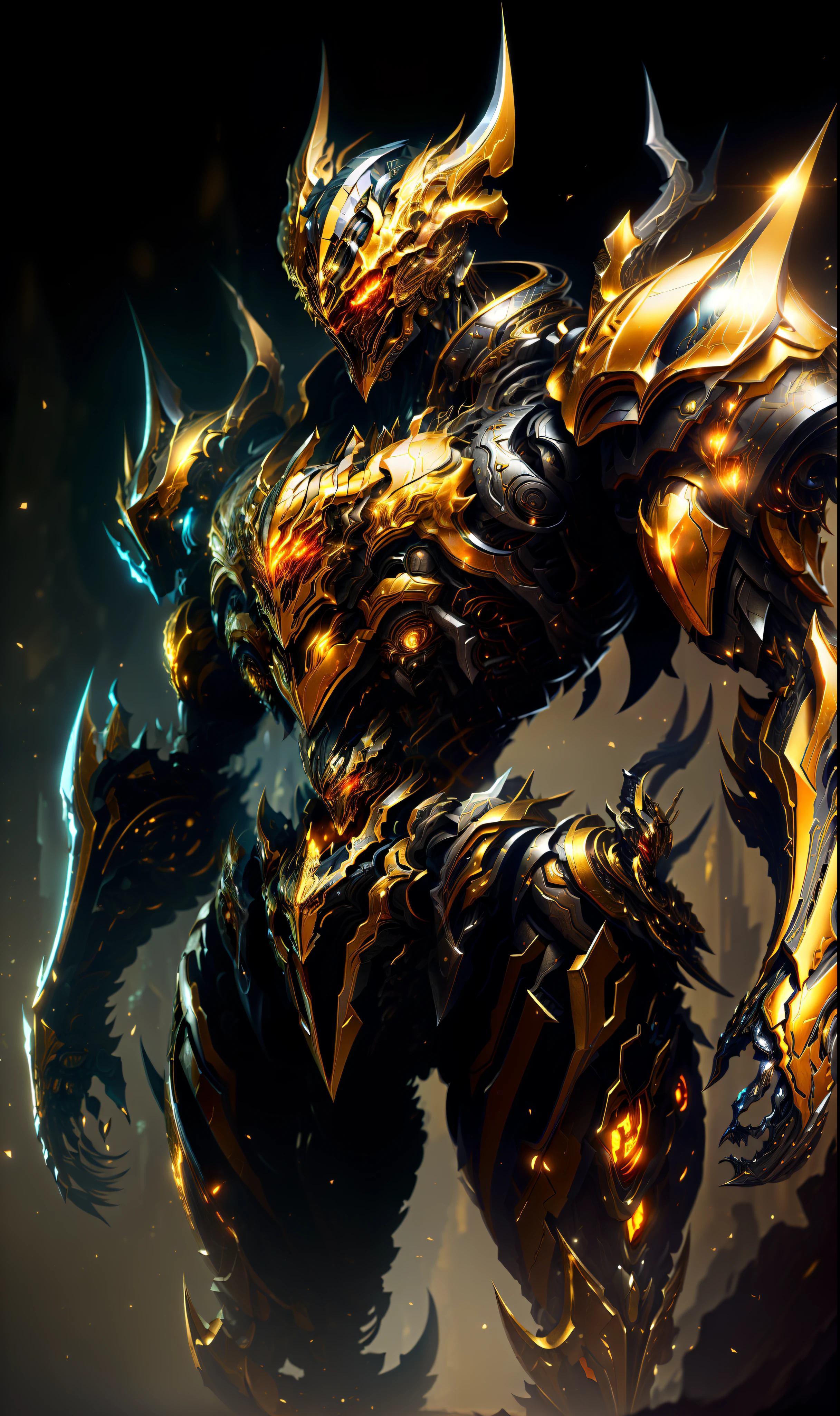 (masterpiece:1.2), best quality, high resolution, unity 8k wallpaper, (illustration:1.0), beautiful detailed, extremely detailed, perfect lighting, extremely detailed CG,glowing eyes,
Heavy Mech,skeleton armor,(golden black),full_armor,warframe,horns, fake horns, red eyes, global ray tracing,
looking at the viewer,solo,perspective,