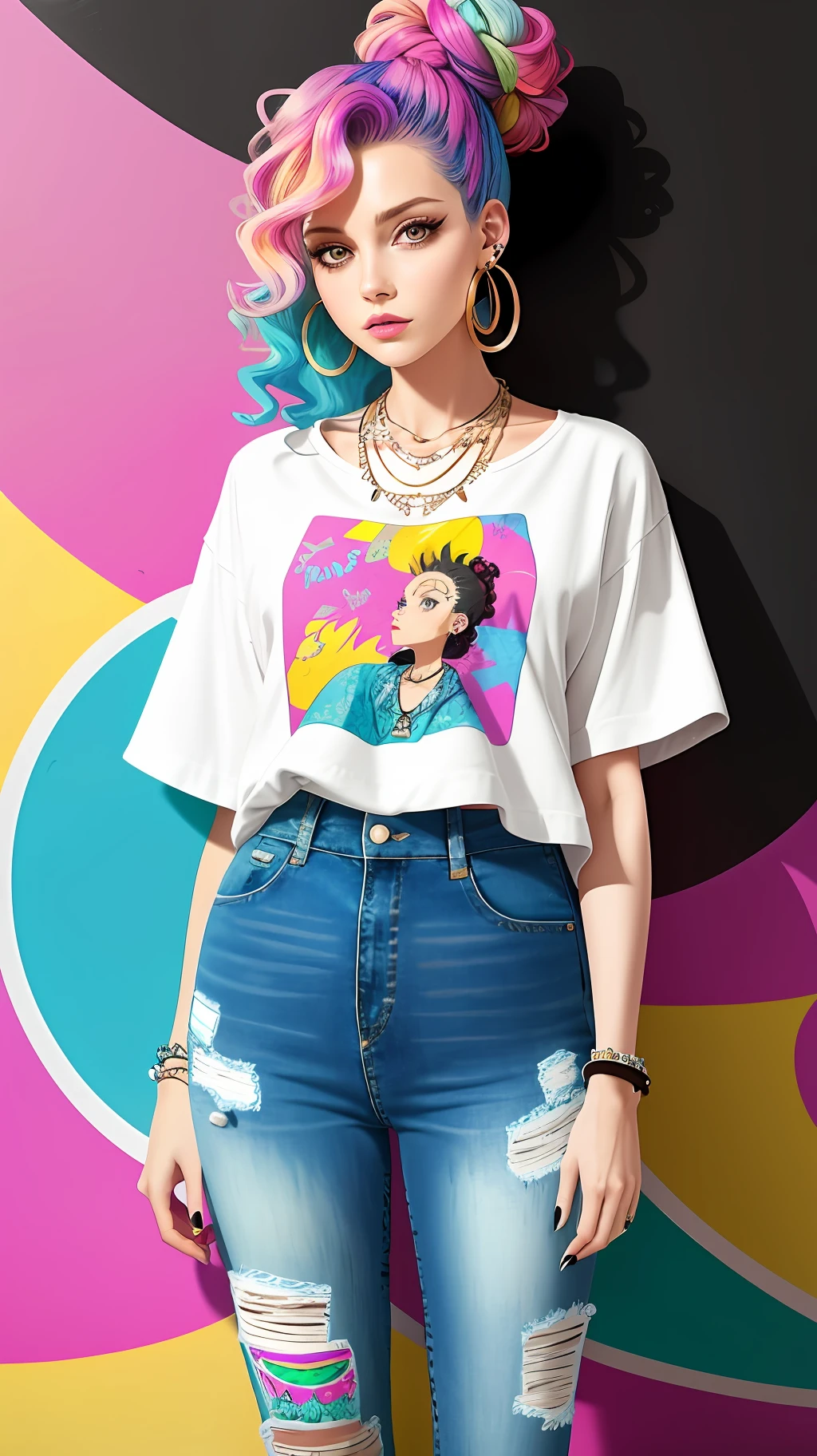 illustration, cartoon, soft tones, calm colors, (anime), (illustration), cartoon, detailed, (masterpiece: 1.2, best quality), girl, solo Clothing: High waist jeans, colorful printed t-shirt, Accessories Layered necklaces, striking earrings, Loose curly hair or messy bun, Confident, bold, unapologetic behavior, Location: wall background with colorful arts, gorgeous graffiti