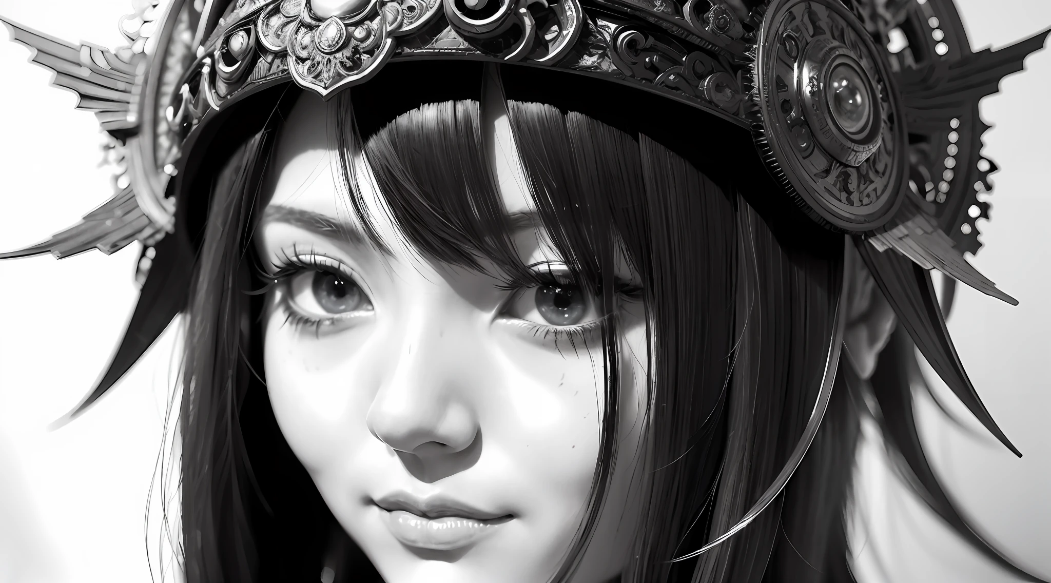 a close up of a woman with a mask on her head, detailed portrait of anime girl, stunning anime face portrait, intricate ornate anime cgi style, detailed digital anime art, digital manga art, detailed manga style, detailed anime face, black and white manga style, high detailed face anime, detailed anime art, beautiful anime face, detailed anime artwork