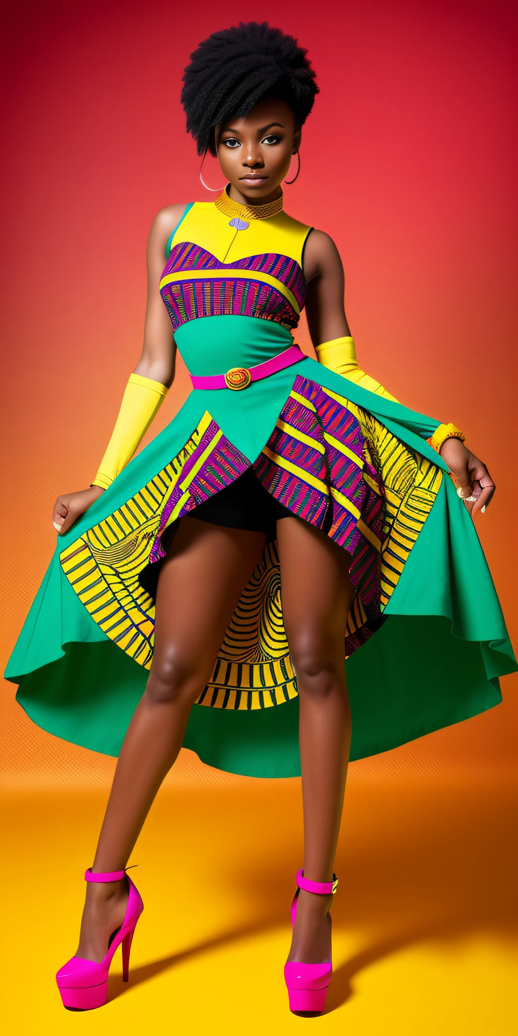 [ : high detail color RAW Photo : 20] perfect model, fashion, posing, dynamic poses, street wear, in a fantasy city,
 [ colorpunk punk afrofuturism abstract art intricate whirlpool splash mix gradient
 : mischievous afrofuturism namibiam model, female punk Abbie : 4] feshion futurisctic, [African], intense look, full body portrait, traditional African patterns and fabric, African dress colored with the [colors green, red and yellow]
[ : Detailed skin : 30]  The background should be visually interesting.