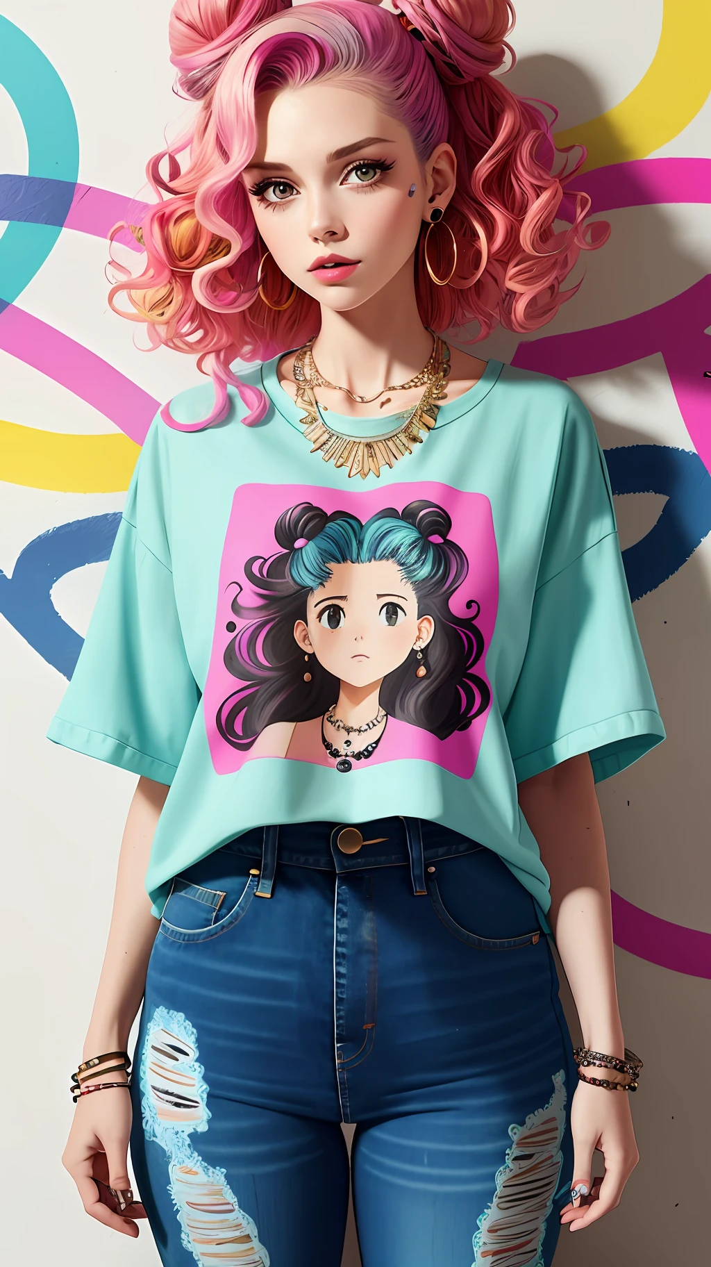 illustration, cartoon, soft tones, calm colors, (anime), (illustration), cartoon, detailed, (masterpiece: 1.2, best quality), girl, solo Clothing: High waist jeans, colorful printed t-shirt, Accessories Layered necklaces, striking earrings, Loose curly hair or messy bun, Confident, bold, unapologetic behavior, Location: wall background with colorful arts, gorgeous graffiti