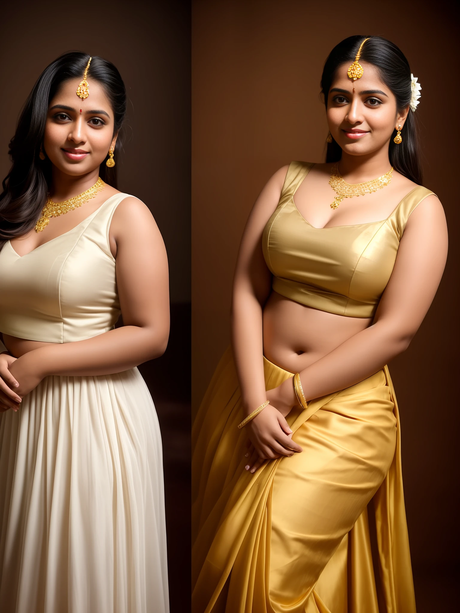 side by side photo of a mallu village belle wearing a gold blouse and white petticoat, curvy, tall, big , , detailed cute face, full lips, smiling, studio lighting, hyper realistic,RAW photo, (high detailed skin:1.2), 8k uhd, dslr, soft lighting, high quality, film grain, Fujifilm XT3