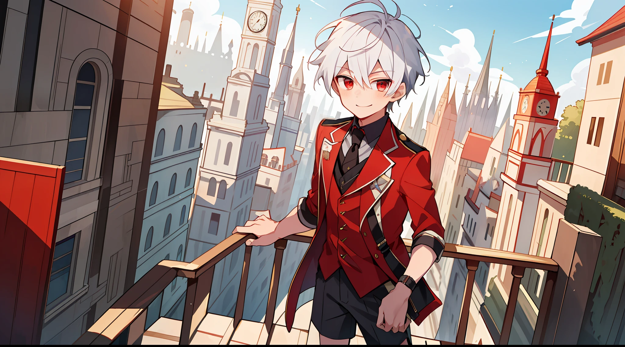 ((masterpiece)),(((best quality))), (high-quality, breathtaking), (expressive eyes, perfect face), 1boy, solo, male, short, young,  boy, white hair, red eyes, smiling, buildings, detective outfit, sherlock holmes, wear short shorts