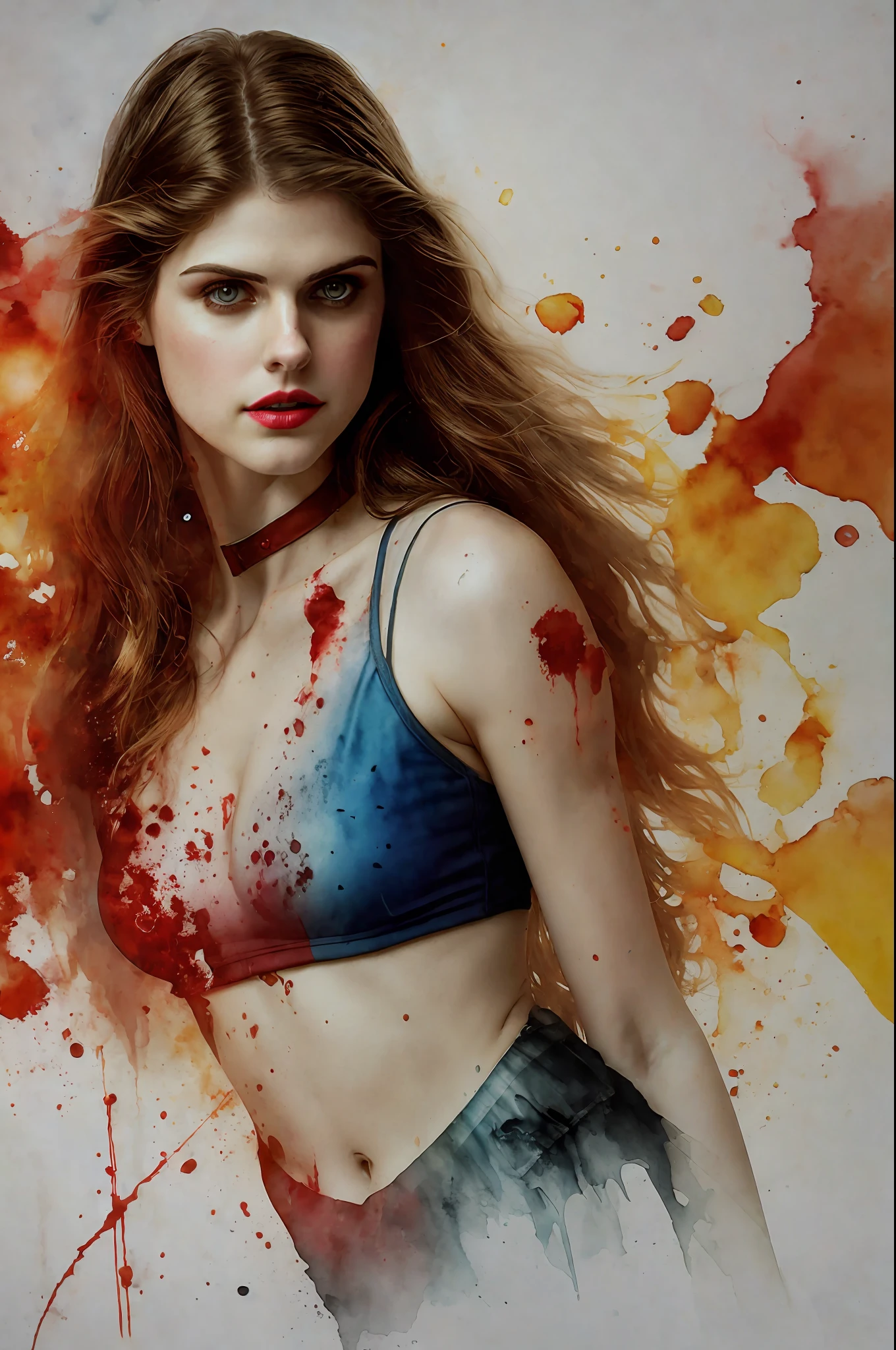 ((Alexandra Daddario)), Beautiful vampire, bared fangs, blood-covered river as background, watercolor style smear, art, dramatic lighting, David Lynch's image style, abstract expressionism, metaphysics, expressionism, golden ratio,details aesthetic octane render excellent composition natural textures 8k oil paining masterpiece canon eos r4s 50