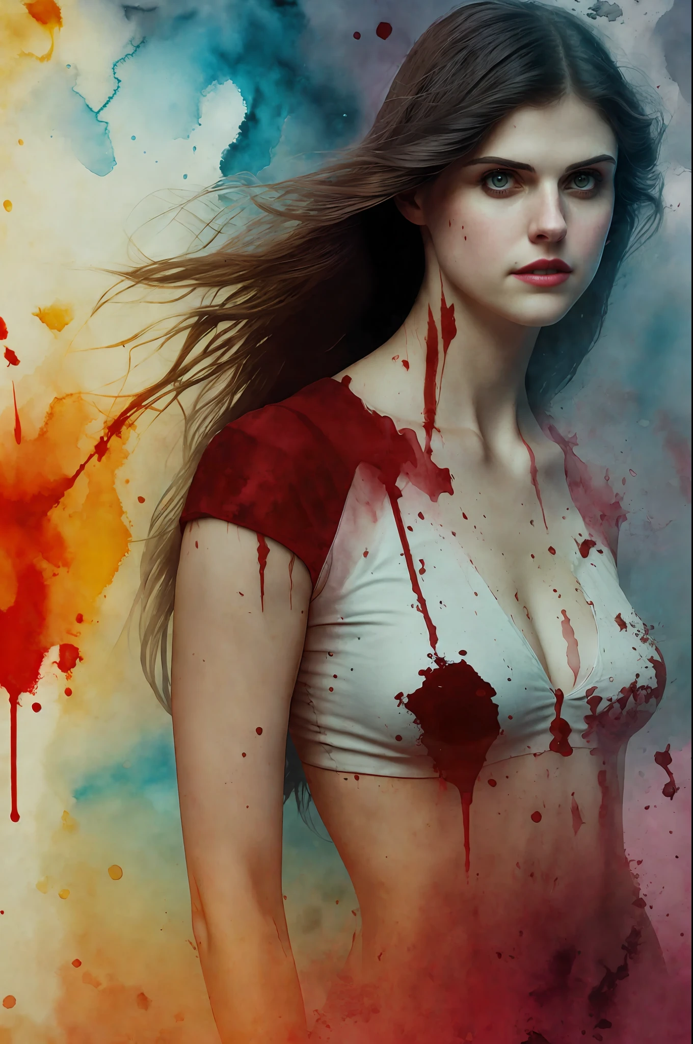((Alexandra Daddario)), Beautiful vampire, bared fangs, blood-covered river as background, watercolor style smear, art, dramatic lighting, David Lynch's image style, abstract expressionism, metaphysics, expressionism, golden ratio,details aesthetic octane render excellent composition natural textures 8k oil paining masterpiece canon eos r4s 50
