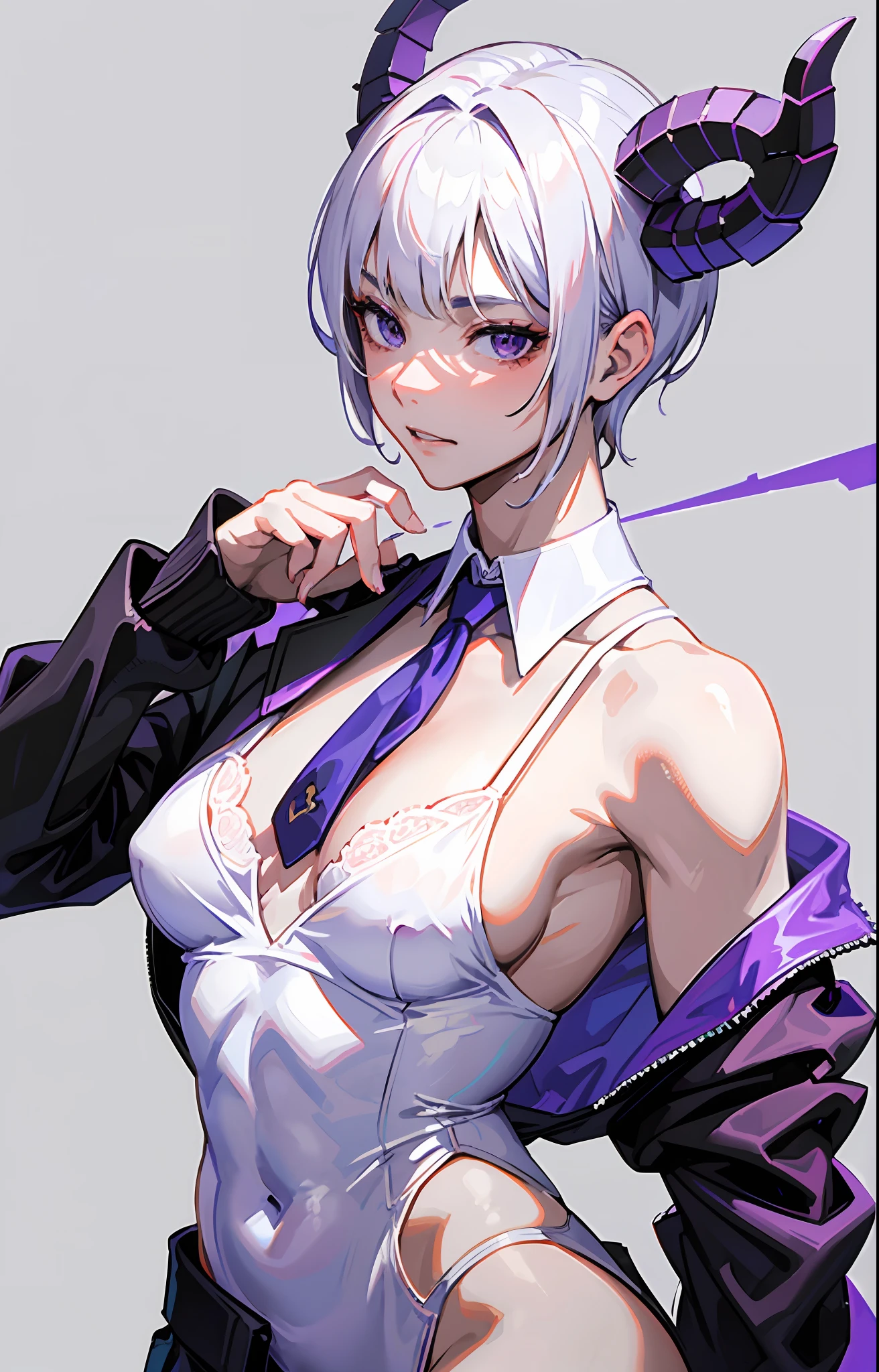 masterpiece, 1boy, boyfriend, muscle, smirk, white hair, short hair, purple eyes, curved horns oni, white shirt, camisole, tie, upper body, simple background