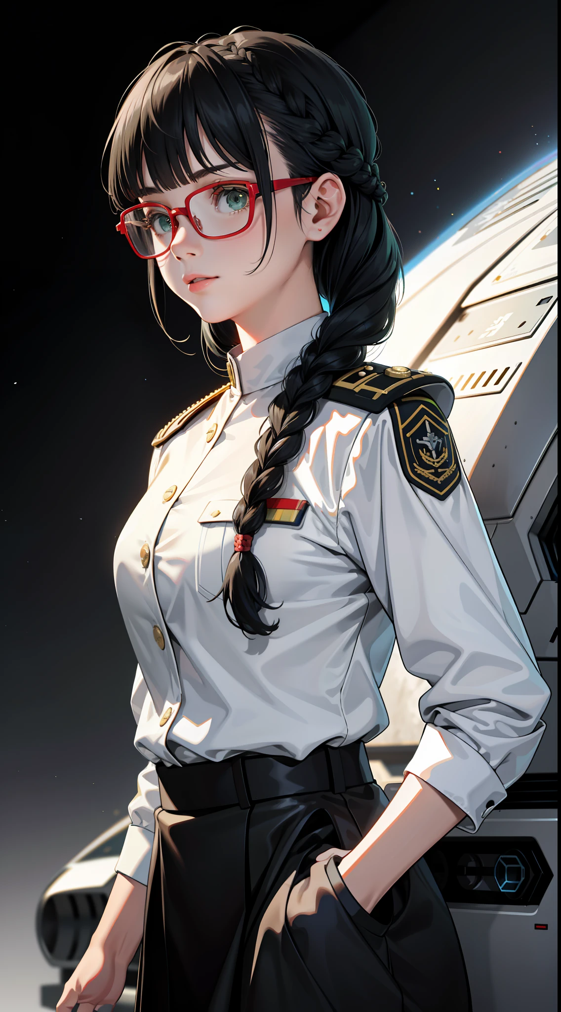 movie detail, ((braided hairstyle: 1.5)), anime reference 86, science fiction, science fiction, science fiction, movies, war action movies, space, atmosphere, sky, warship, various characters, women, adults, green eyes, black hair, (Pia bangs hairstyled): 1.8), (red glasses), general uniform, white commander's uniform, realistic face details, realism, 3D face,