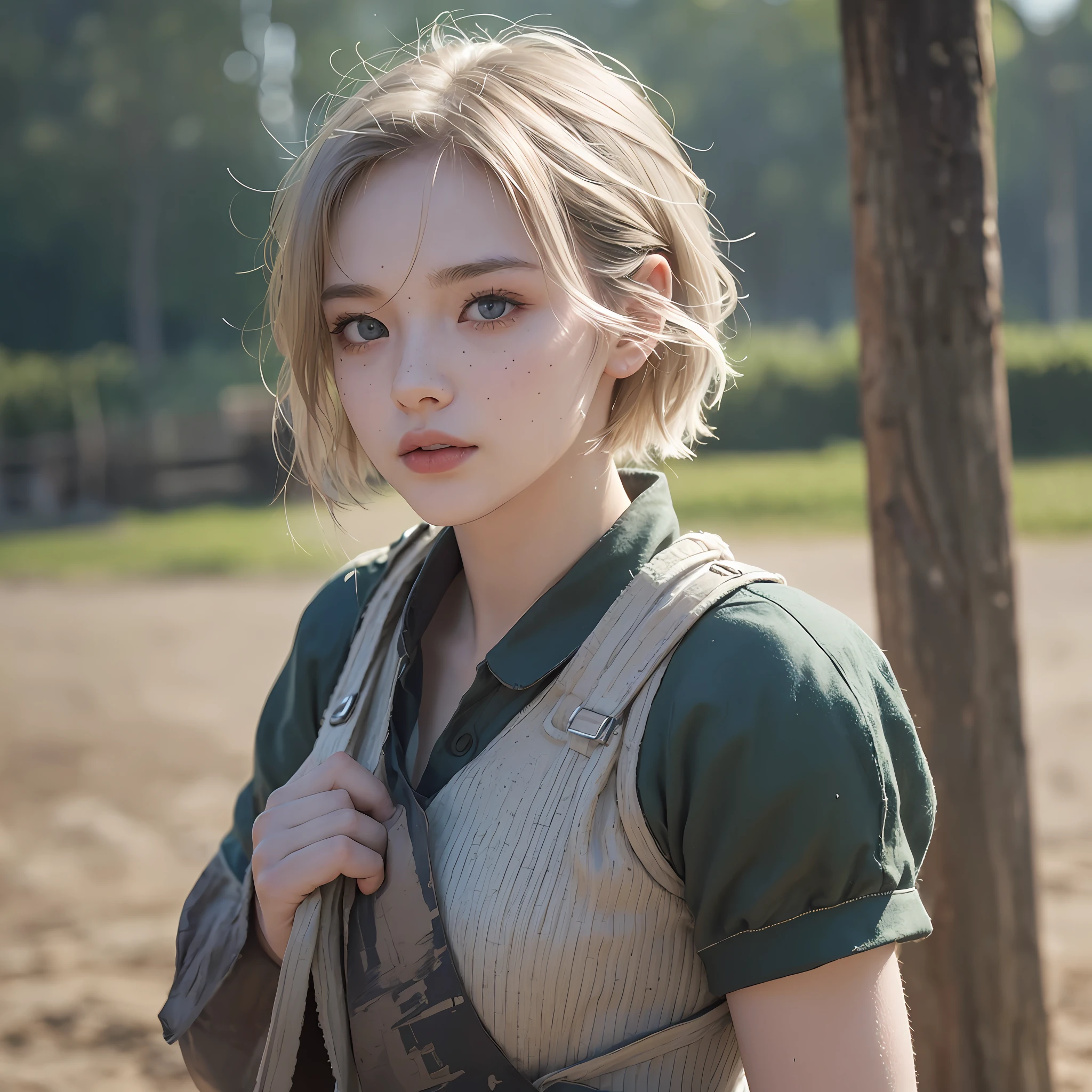 Maximum image quality (dramatic lighting: 0.7) Stunning High Angle RAW Photo (21-year-old woman with pale short hair looking up) Cute (in ragged combat uniform, disheveled) (Standing on the playground), Colossal, Full body portrait, Erotic,, Perfect face, stunning eyes, vivid details, (Very detailed skin), Little freckles, SFW, (Blueness: 0.6), (Dirty: 0.8), ( Bloody: 0.7), key illumination, ( Backlight: 0.5 ), depth of field, Canon 5D, 50mm lens, f/4 aperture, (super detail, complex detail), sharp focus, soft color, 8k, absurdity, 8mm film grain, war photography, --auto --s2