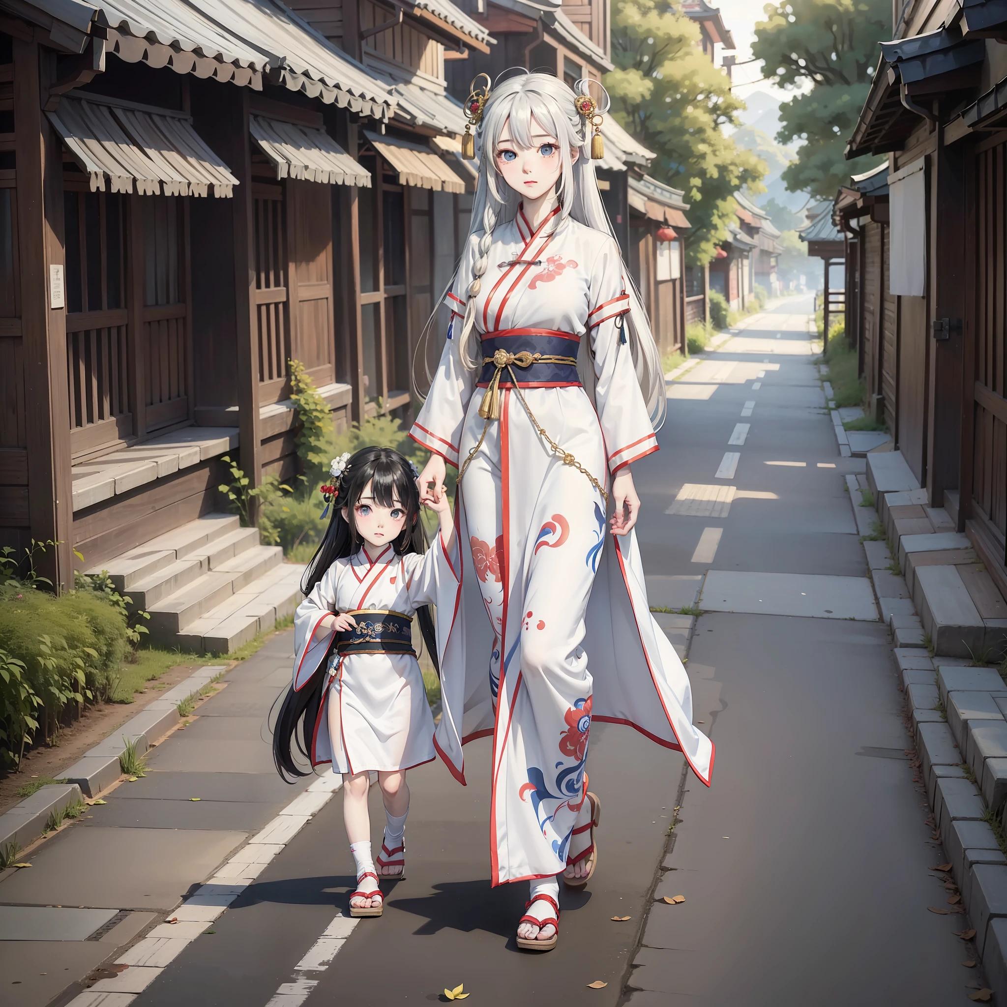 Ancient Chinese anime girl with long white hair and wearing white Hanfu leading a small child walking on the road, (sad expression 1.5) (two eyes looking at each other 1.2) (background is ancient Chinese country road 1.5) anime style 4 K, anime rendering, Guvez style artwork, anime style. 8k, Guvitz, handsome anime face, handsome costume boy (pure big eyes 1.5) (upper body display 1.5) (poor milk 1.3) (cinematic light 1.5)