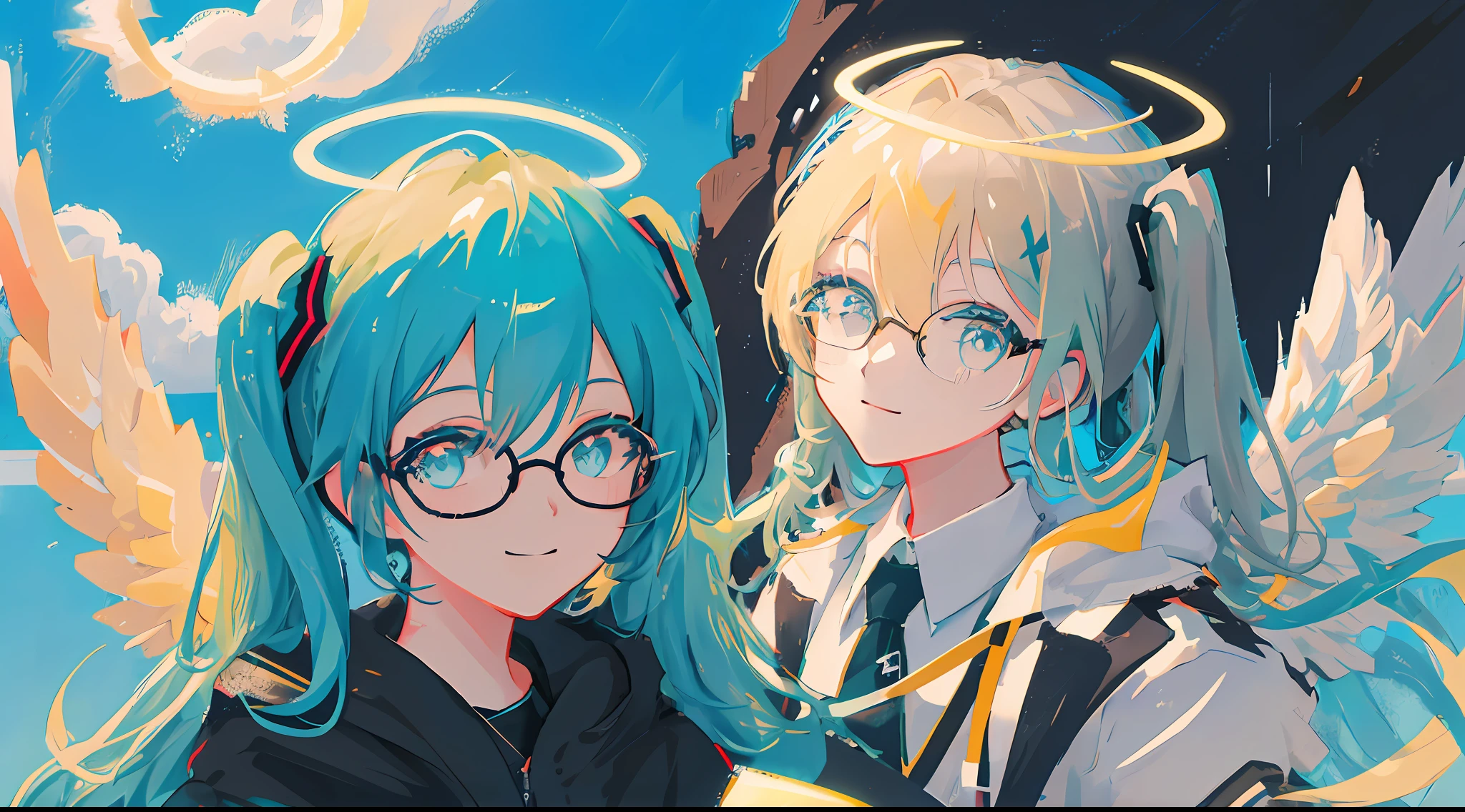 mksks style, masterpiece, best quality, ultra-detailed, illustration, portrait, 1girl, hatsune miku, angel wings, halo, close-up, smiling face, streetwear style, (sky background), black cloth , glasses