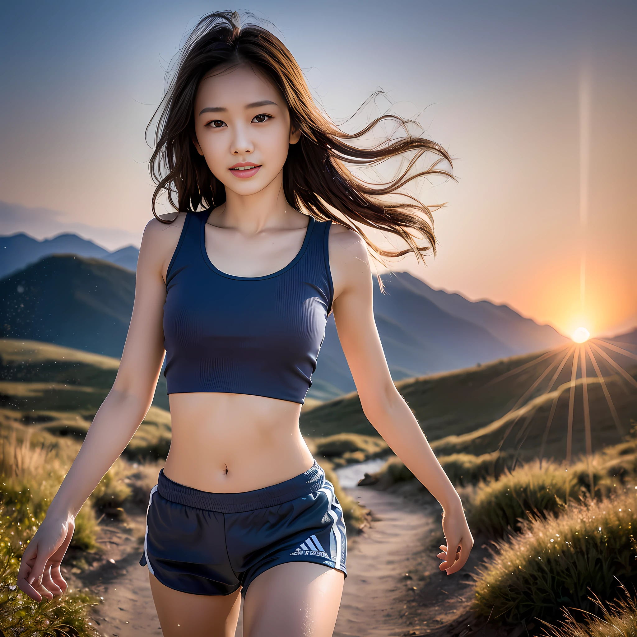 (8k, masterpiece, highest quality, ultra high definition, photorealistic: 1.2), (mountain landscape, woman running on dirt path), 1girl: 1.3, solo, far away, full body, standard body, looking at the front, (very beautiful Japan woman 20 years old, very detailed face: 1.9), (navy running shorts: 1.3), small face, looking ahead, fine hands, thin lips, medium breasts, brown hair, (fine lips, lip gloss: 1.3), wet with sweat, (peach-colored long tank top: 1.5), depth of subject, symmetry, sharp focus, sunset, bracelet, bright lighting, shy smile