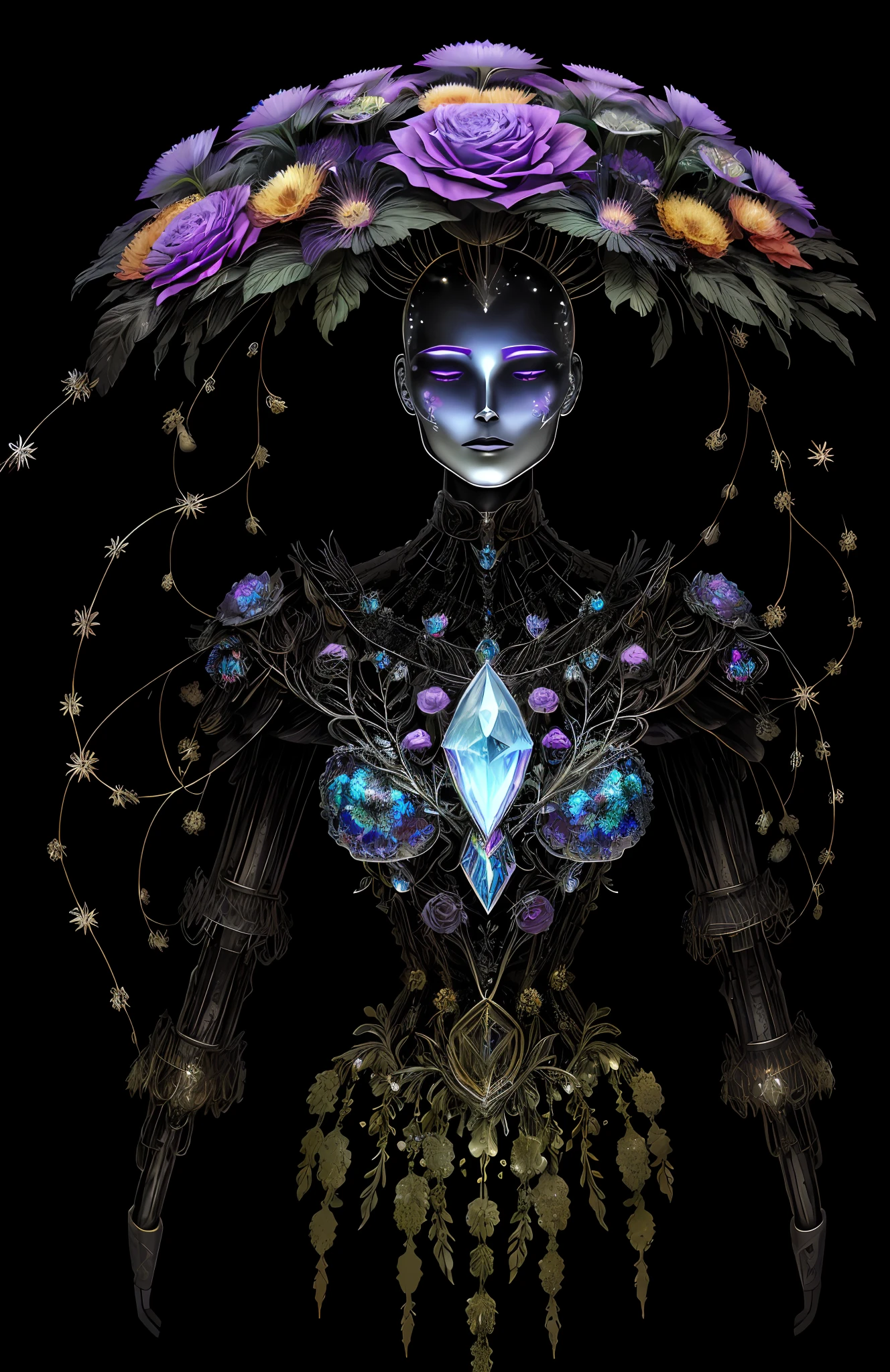 "Rosen maiden, (masterpiece, best quality), (illustration), strange fungal disease dense forest, transparent sticky substance, caustics, crystals, close-up, intricate details, dark background, sparkling spores, rainbow crystals, darkness", made of metal, cyborg: 1.1, [detailed wire]: 1.3, (complex details), HDR, (complex details, hyperdetailed: 1.2),