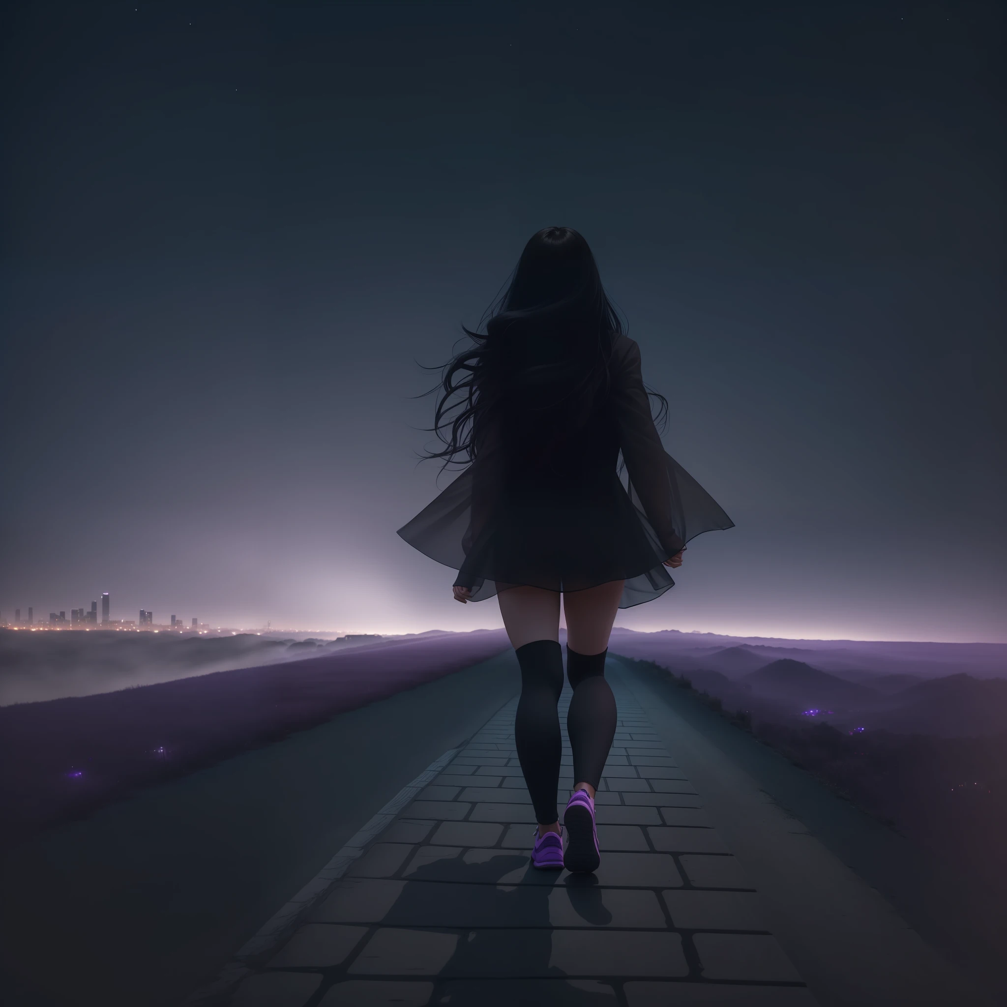 Woman walking on her back down a road at night towards a city, with fog and shadows, wavy and long black hair, high quality, ultra-detailed, 8k, masterpiece, (volumetric lighting), black magic, fanciful, lilac colors, purple, shadows and vivid on the woman's back --auto --s2