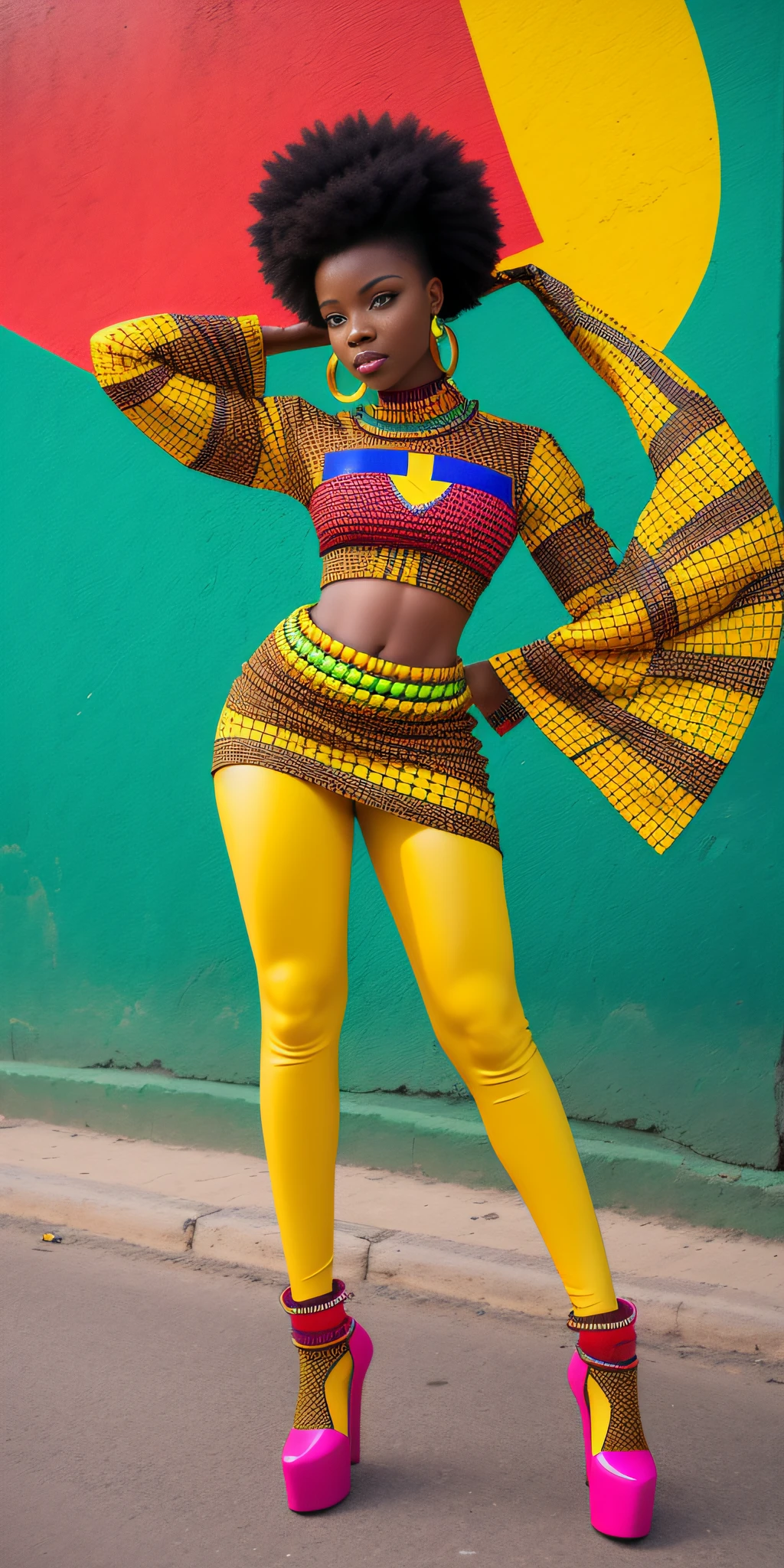 [ : high detail color RAW Photo : 20] fashion, posing, street wear, in a fantasy city,
 [ colorpunk punk afrofuturism abstract art intricate whirlpool splash mix gradient
 : mischievous afrofuturism namibiam model, female punk Abbie : 4] feshion futurisctic, [African], intense look, full body portrait, traditional African patterns and fabric, African dress colored with the [colors green, red and yellow]
[ : Detailed skin : 30]  The background should be visually interesting.
