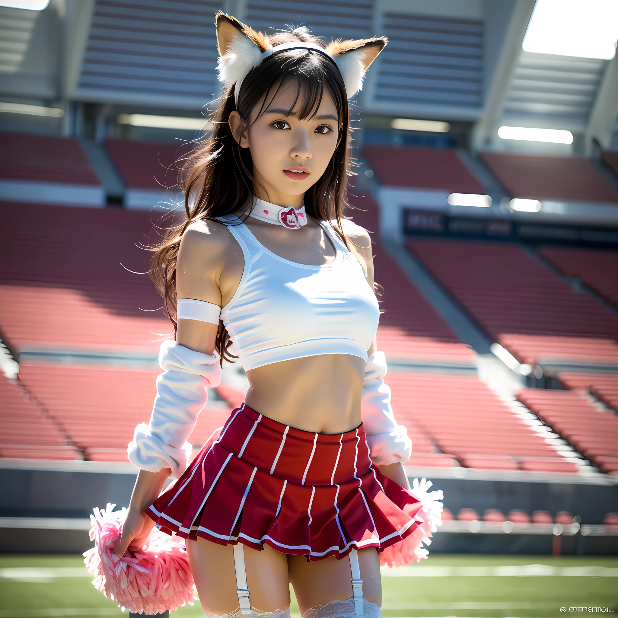 (8k, masterpiece, best quality, high definition, photorealistic), (1girl), inside the stadium, cheerleader, (body wet with sweat, face wet with sweat: 1.3): 0.2, small breasts, beautiful thighs, ruffled mini skirt, knee-high boots, beautiful Japan woman at 20 years old, very detailed face, double eyelids, makeup, lip gloss, super densely drawn body, super dense arms, Super dense hands, super dense feet, focus on face, standing, small face, full body from a little distance, sharp focus, facing forward, facing the viewer, bright lighting on the face, wearing a garter belt, fox ear headband