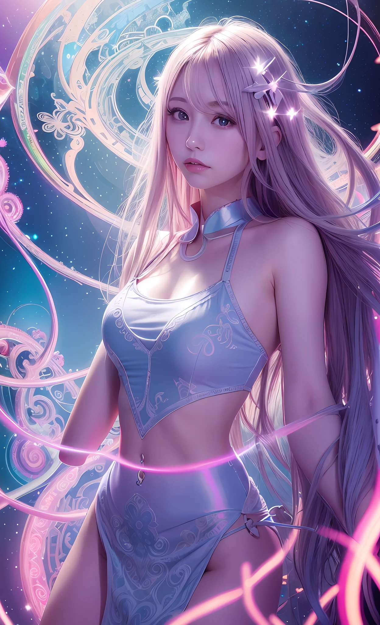 Masterpiece, Best Quality, Girls, Slender, Rainbow Color Eyes, Hair Color, Iridescent, Long Hair Spreading, White Skin, Medium, Pretty, Sexy, Halo, Near Future, Bikini, Skin Exposed, Night, Psychedelic, Trip, Extreme Color, Paisley, Highly Colored, Mandala Theme, Open Legs, Eye Shadow, False Lashes, Blushing, Mechanical Left Arm, Smile, Full Body