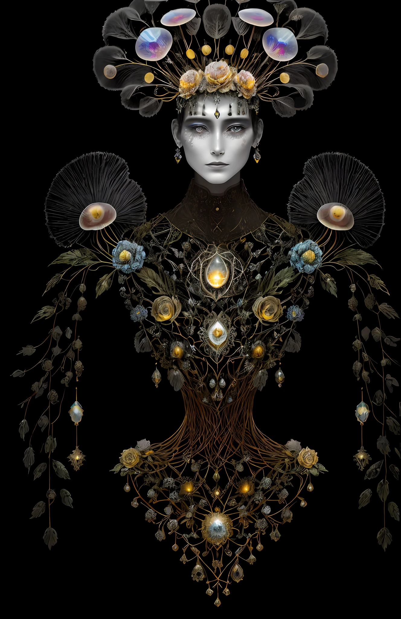 "Rosen maiden, (masterpiece, best quality), (illustration), strange fungal disease dense forest, transparent sticky substance, caustics, crystals, close-up, intricate details, dark background, sparkling spores, rainbow crystals, darkness", made of metal, cyborg: 1.1, [detailed wire]: 1.3, (complex details), HDR, (complex details, hyperdetailed: 1.2),