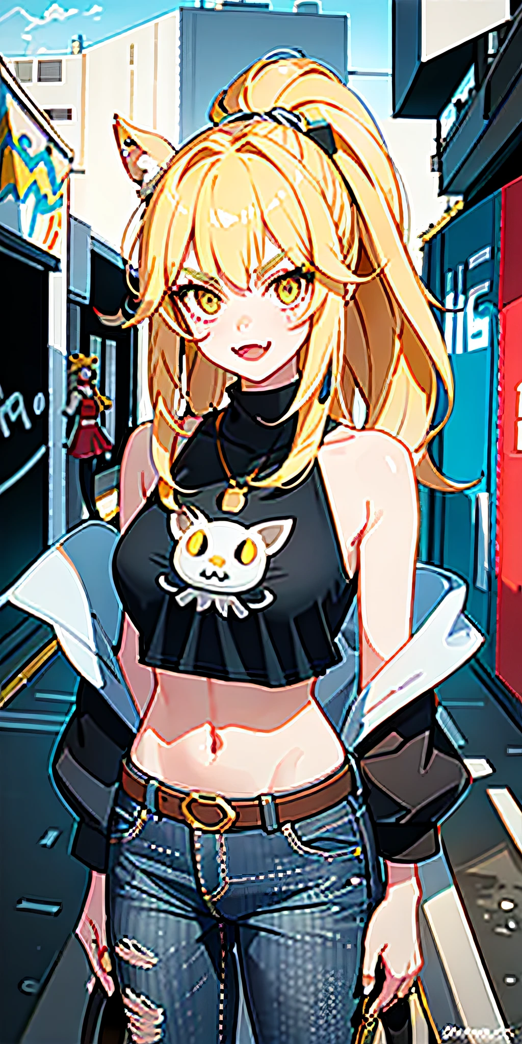 Headwearer Mask, Original Character, Volumetric Lighting, Best Shadow, Shallow Depth of Field, Portrait of a Stunning Girl, Petite, Delicately Beautiful Charming Face, Charming Yellow Eyes, Messy Painted Face, Sharp Eyebrows, Bright Smile, Open Mouth, Fangs Exposed, Cute Medium Tits, Layered Long Ponytail Blonde Hair, Blushing Eye Shadow, Thick Eyelashes, Applejack Hat, Oversized Pop Jacket, Mini Underboob Tee, Crop Button, Slim Waist, Jean Jeans, With buckled belt, In The Graffiti Alley, trash can, outside the stairs, outdoor unit, holding spray paint can, standing, (highest quality, amazing detail: 1.25), (solo: 1.3), brilliant and colorful painting