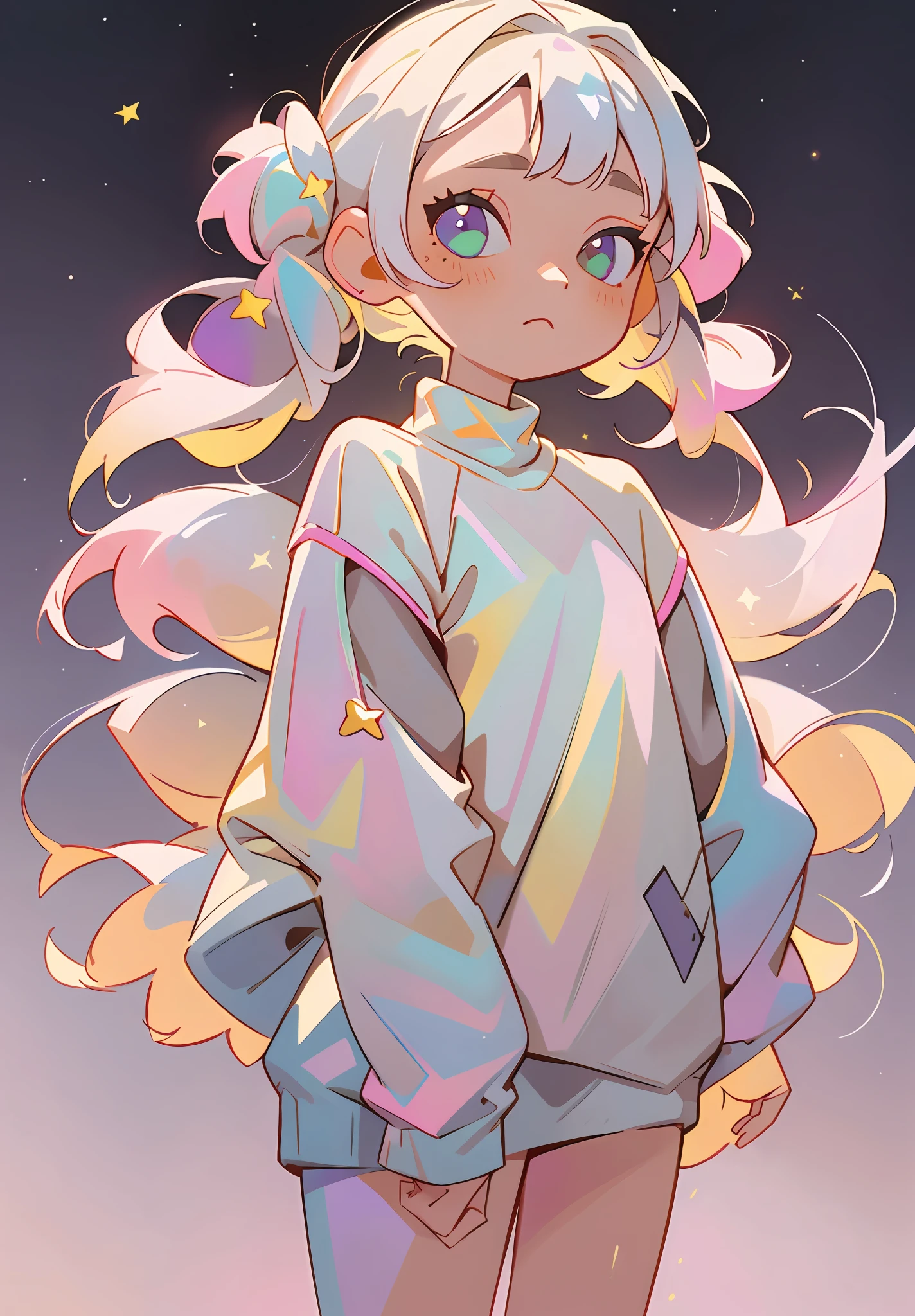 (Masterpiece, exquisite, with a plethora of details and the highest image quality) solo, 1girl, color gradient hair, platinum hair, pastel pink gradient platinum hair, loose sweater, star sweater, pastel yellow sweater, pigtails, scrunchies, minimalist background, starry sky, laser shining star