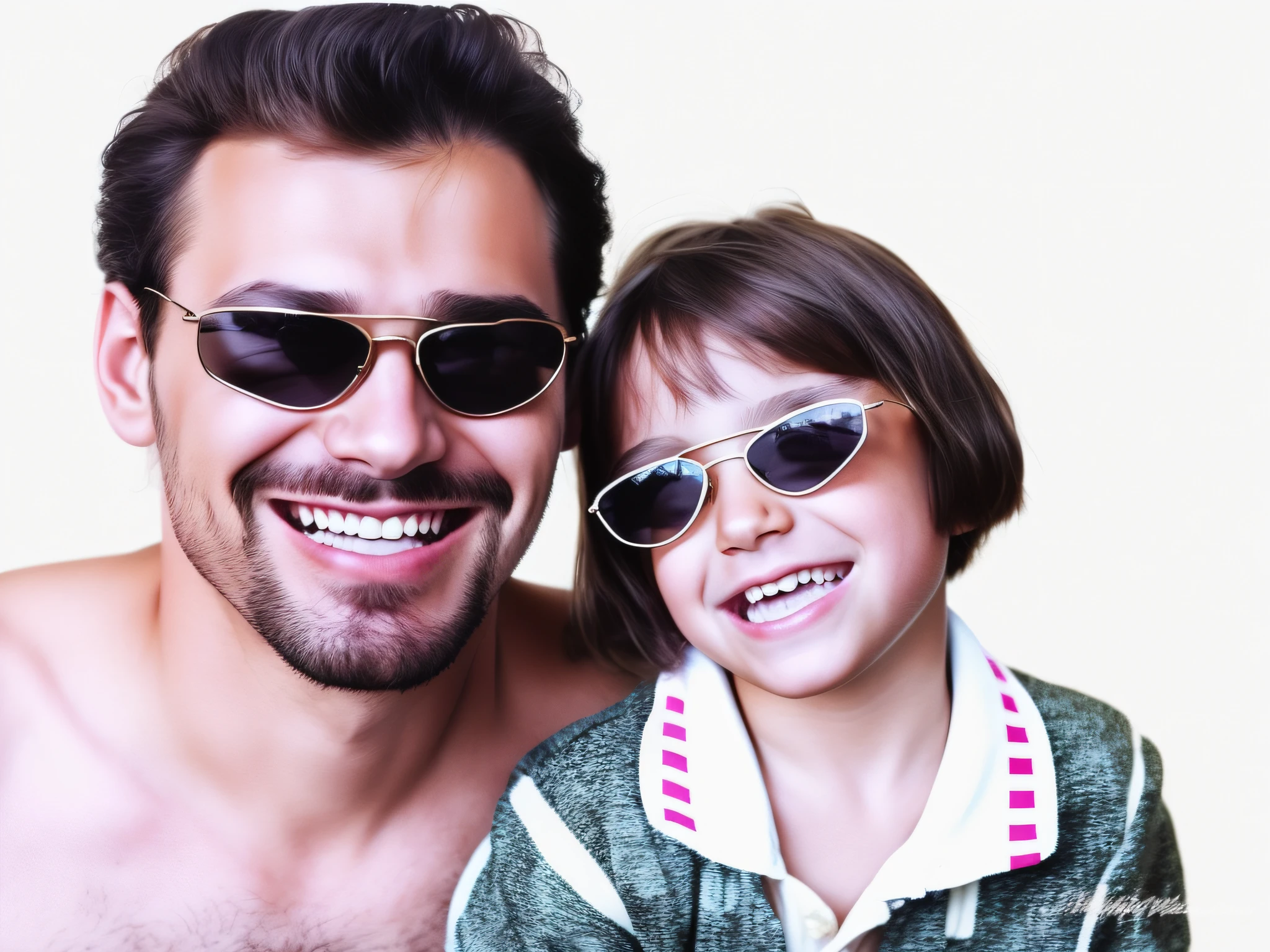 There is a man and a girl wearing sunglasses, profile picture, with a child, hyperrealistic, hyperdetailed